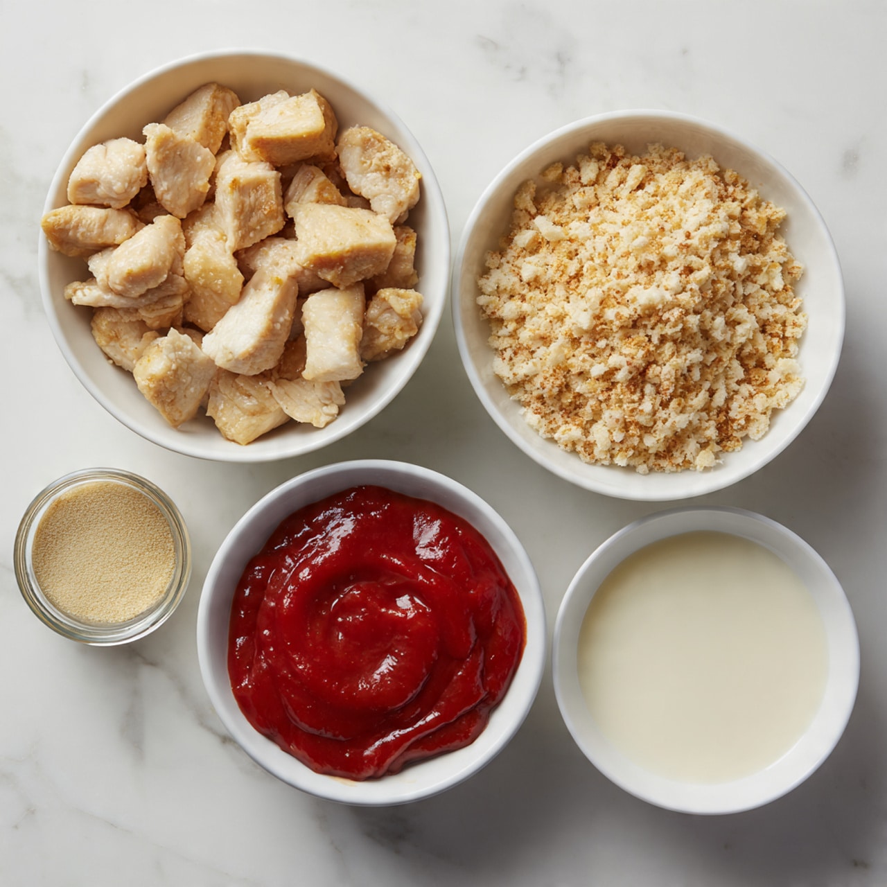 The image shows five bowls on a white marbled surface, each containing different cooking ingredients. On the top left, there is a white bowl filled with cooked chicken pieces that are light brown and tender-looking. To the right of it, a white bowl contains light brown, crumbly breadcrumbs. Below the chicken bowl, a white bowl is filled with thick, smooth, bright red sauce. Next to the sauce bowl on the right, there is a white bowl filled with off-white liquid, likely broth or milk. In the top left corner, there is a small glass container with a beige spice powder, possibly mustard or curry powder. photo taken with an iphone --ar 4:5 --v 7