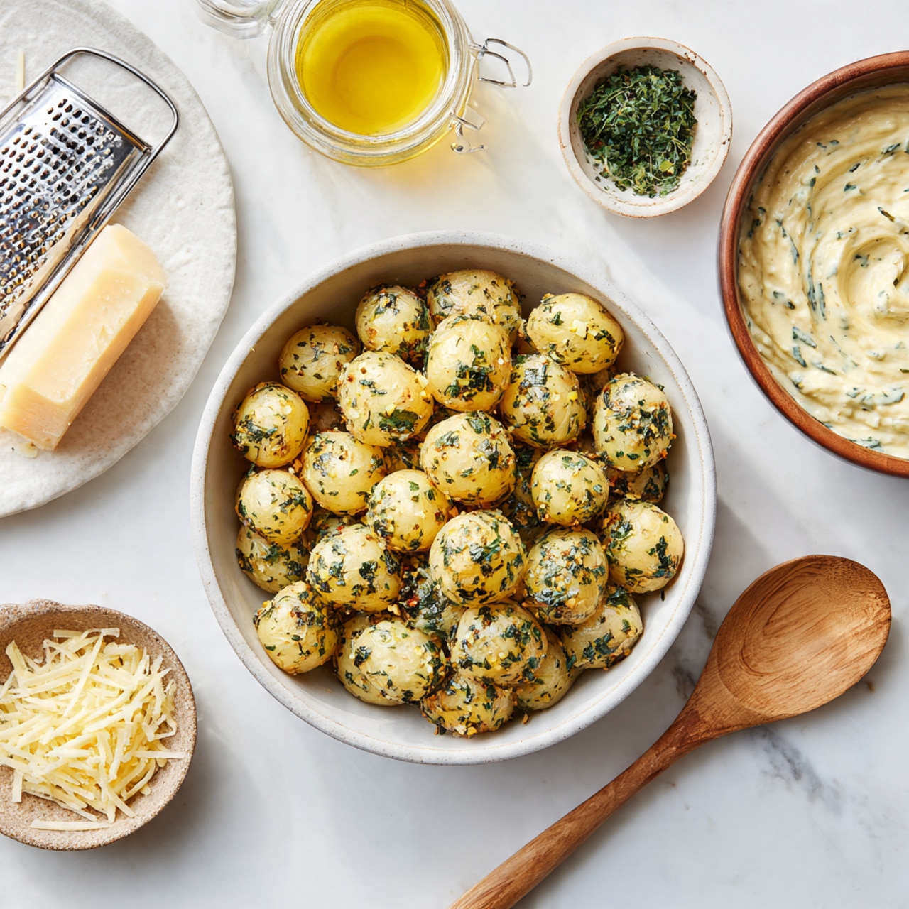 The image shows a white bowl full of small roasted potatoes coated with green herbs. Next to it, on a white marbled surface, is a brown bowl containing a creamy mixture with a spoon inside. Above these, a round white plate with a cheese grater and some grated cheese sits, with cheese shavings visible. Nearby, there is a small white dish of green herbs and a jar of yellow olive oil. A woman's hand holds a wooden spoon that is placed over the creamy mixture. The setting is bright and clean. photo taken with an iphone --ar 4:5 --v 7