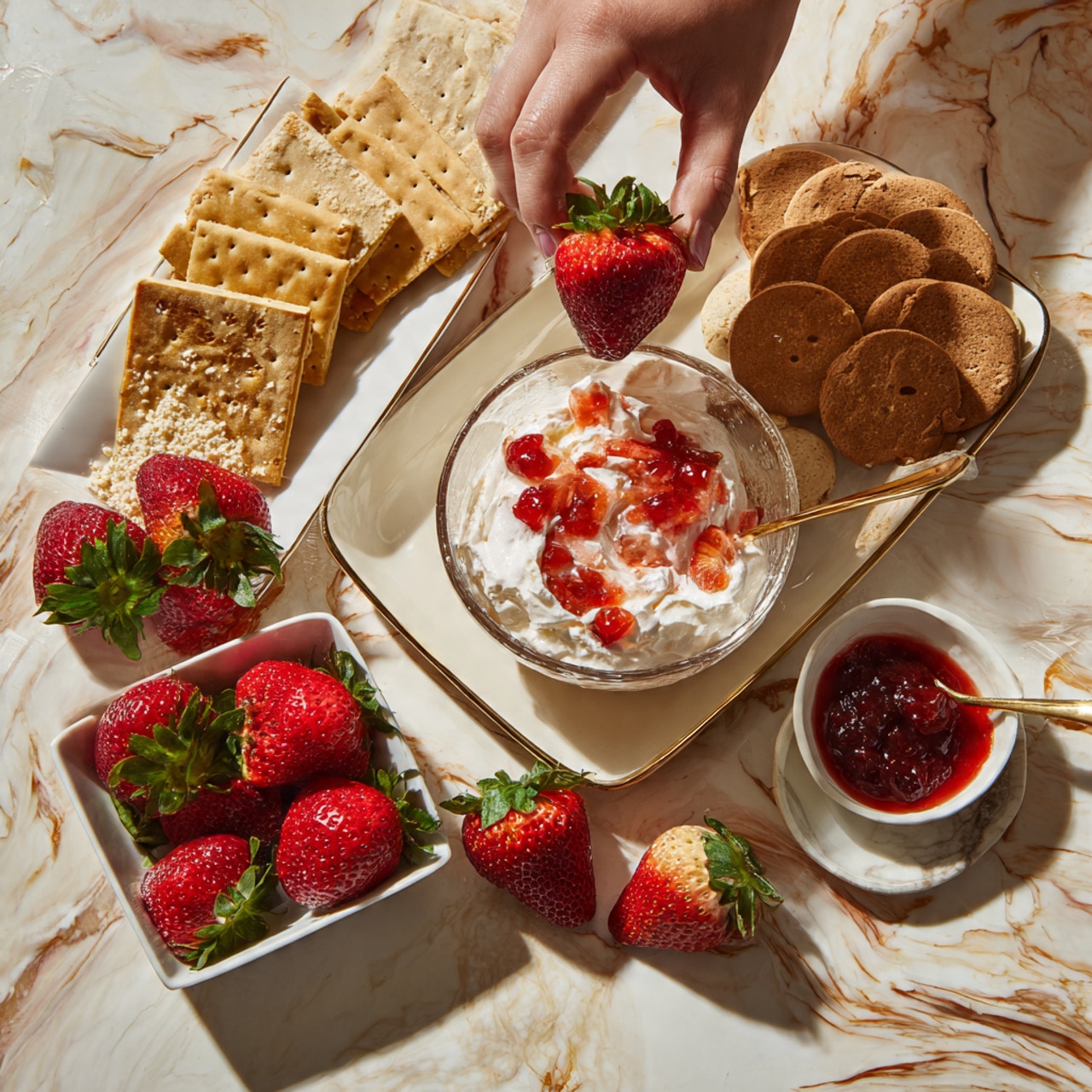 The image shows a white marbled surface with a clear glass bowl in the center filled with white cream and topped with small bright red strawberry pieces. Nearby, a square white bowl holds whole fresh strawberries with green leaves, some spilling onto the surface. To the side, a large white plate is filled with golden brown graham crackers and some round brown biscuits. A small white round bowl with red strawberry sauce sits near the center bowl. A woman's hand is seen holding a strawberry above the cream bowl, ready to place it inside. Photo taken with an iphone --ar 4:5 --v 7
