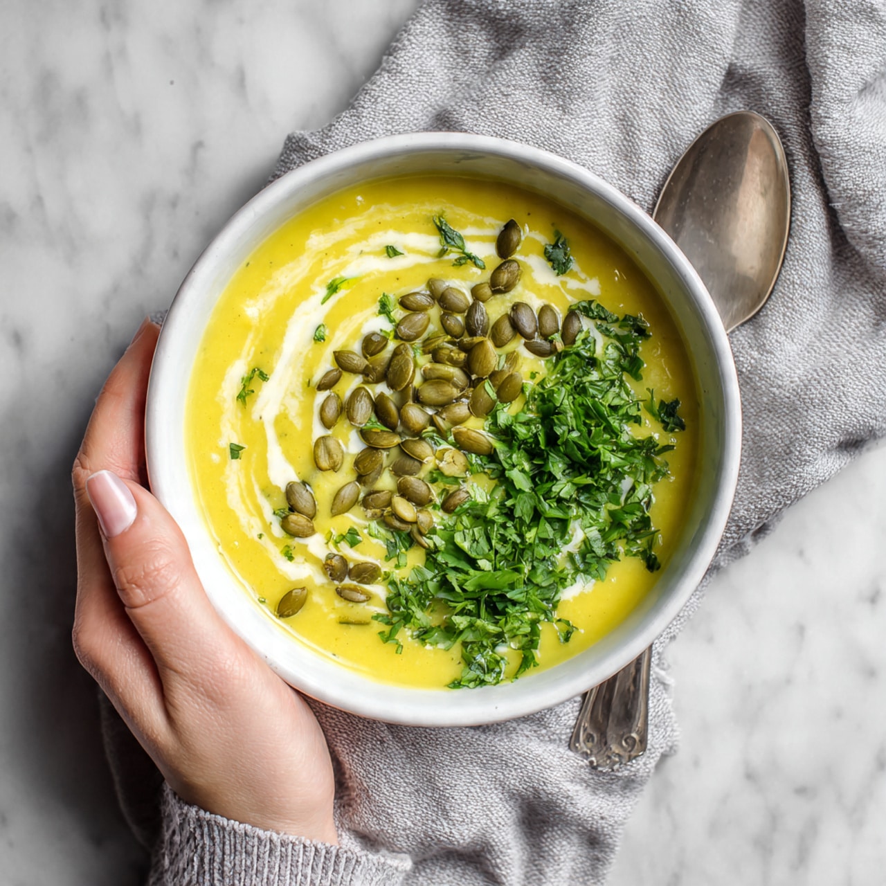 The image shows a white bowl filled with smooth yellow soup. On top of the soup, there are three toppings arranged in sections: green pumpkin seeds on the left, fresh bright green chopped herbs on the right, and a swirl of light yellow oil or cream in the center. The bowl is placed on a soft grey cloth on a white marbled surface. A silver spoon rests on the cloth next to the bowl, and a woman's hand is gently holding the edge of the cloth. The photo taken with an iphone --ar 4:5 --v 7
