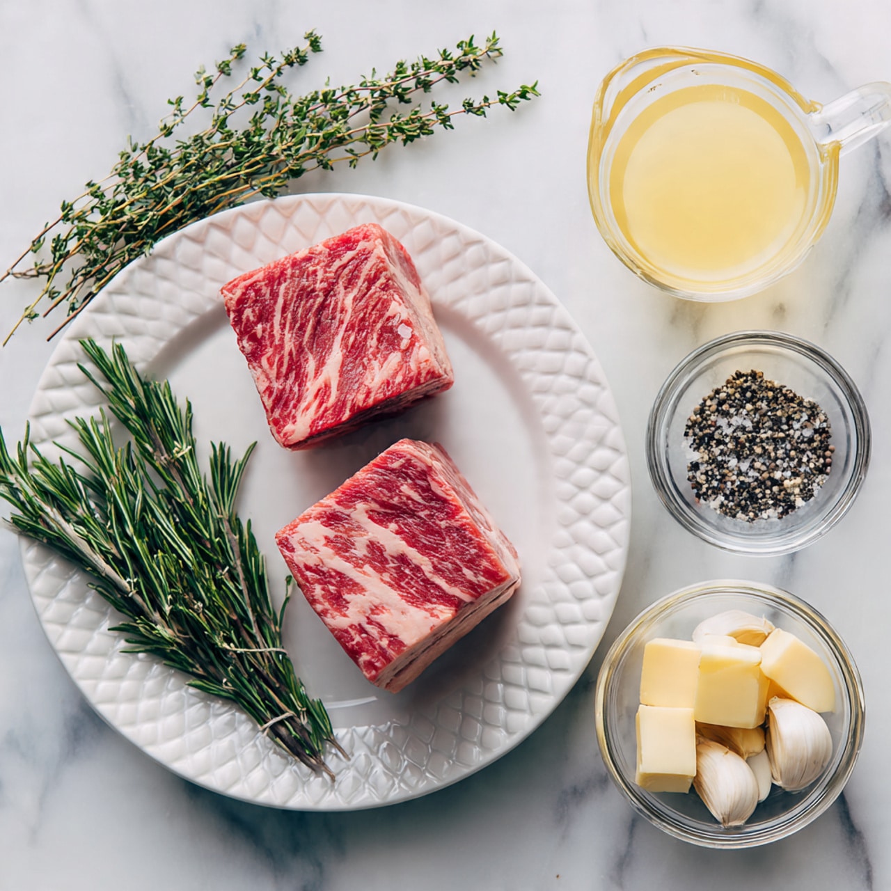 Two large pieces of red raw meat with visible marbling are placed in the center of a white plate with a diamond texture. To the left of the plate, there are two sprigs of fresh rosemary and thyme, along with two small clear bowls containing black pepper and white salt. On the right side, a small glass bowl with a pale yellow square of butter, three cloves of peeled garlic, and a clear glass measuring cup filled with a light yellow liquid are arranged. All items are set on a white marbled surface. photo taken with an iphone --ar 4:5 --v 7