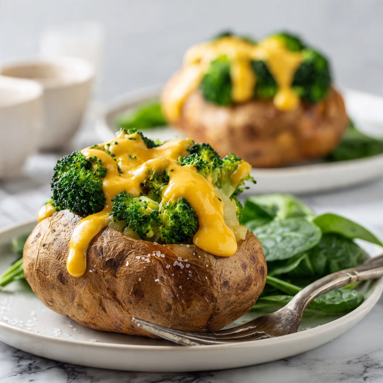The image shows two baked potatoes with a rough brown skin placed on white plates over a white marbled surface. Each potato is split open and filled with bright green broccoli florets. A thick yellow cheese sauce is generously poured over the broccoli and potatoes, dripping down the sides. The foreground potato is in sharp focus showing texture and small granules of salt on the skin. A fork rests near the potato on the plate, and some fresh green spinach leaves are placed at the bottom right corner of the plate. The background is softly blurred, showing the second potato similarly topped. Photo taken with an iphone --ar 4:5 --v 7