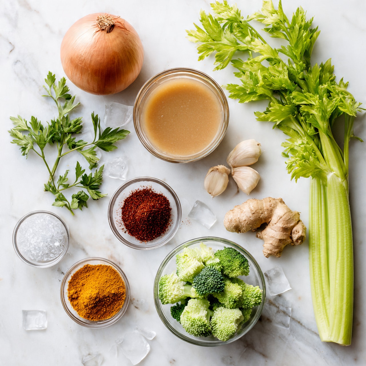 The image shows a flat lay of fresh and frozen ingredients arranged neatly on a white marbled surface. At the top center, there is a small glass bowl filled with a light brown liquid. To the left, a whole brown onion sits next to fresh green parsley sprigs, with stalks of celery extending diagonally from the top right corner. Below the onion, there are several garlic cloves and a small piece of ginger root. In the middle right, a glass bowl holds frozen chopped green vegetables, and below it, another glass bowl contains frozen broccoli florets with icy crystals on them. At the bottom left, a small glass bowl holds three types of finely ground spices arranged in separate sections: a dark brown, a deep red, and a bright orange powder. The whole scene is brightly lit, showing clear textures of each ingredient. Photo taken with an iphone --ar 4:5 --v 7