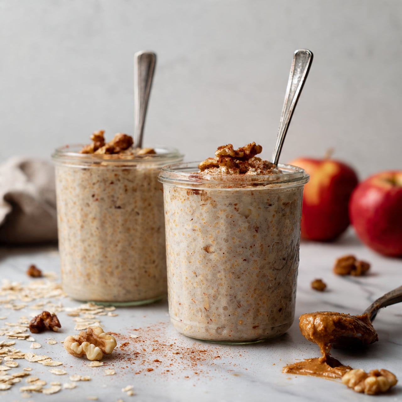 The image shows two clear glass jars filled with a creamy, light brown mixture speckled with darker bits. Each jar has a metallic spoon inside, sticking out from the top. The top layer is decorated with crushed walnuts and sprinkled cinnamon. The jars are placed on a white marbled surface, next to two red apples blurred in the background. There are scattered oats and walnut pieces around the jars, along with a spoonful of nut butter on the right side. The overall look is clean and natural. photo taken with an iphone --ar 4:5 --v 7
