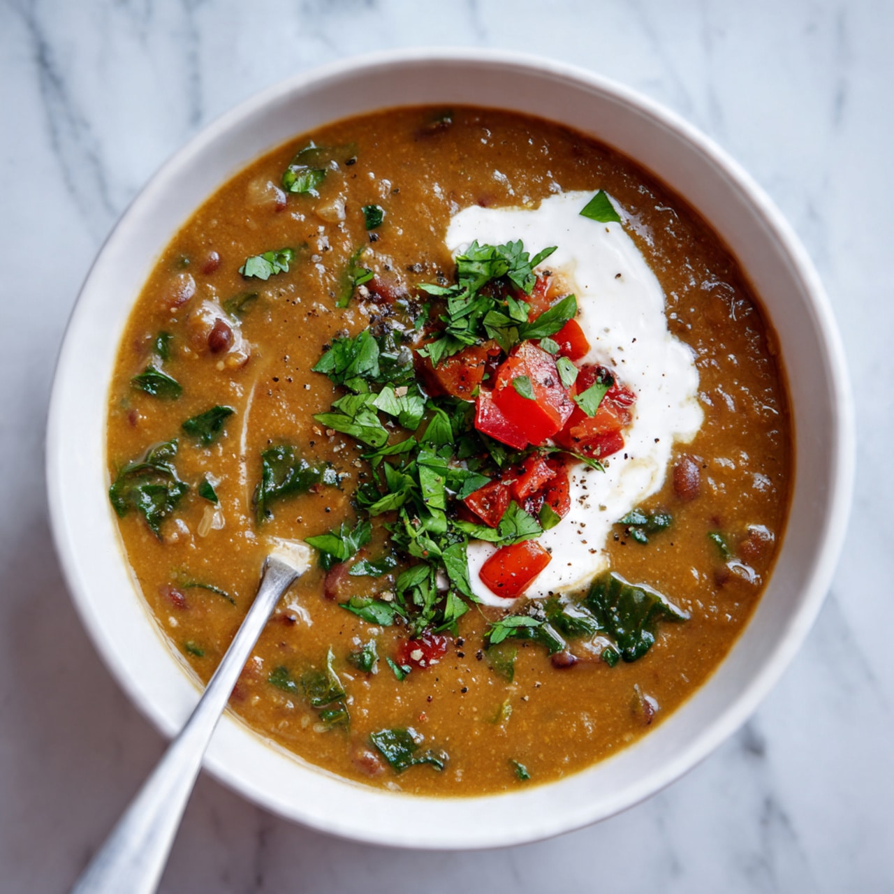The image shows a close-up of a bowl filled with thick brown soup with many small beans and pieces of vegetables in it. There is a dollop of white cream on the right side of the soup, topped with a small mix of bright red tomato pieces and green herbs. A silver spoon rests inside the bowl, angled slightly toward the bottom left corner. The bowl is white and placed on a white marbled surface. Photo taken with an iphone --ar 4:5 --v 7