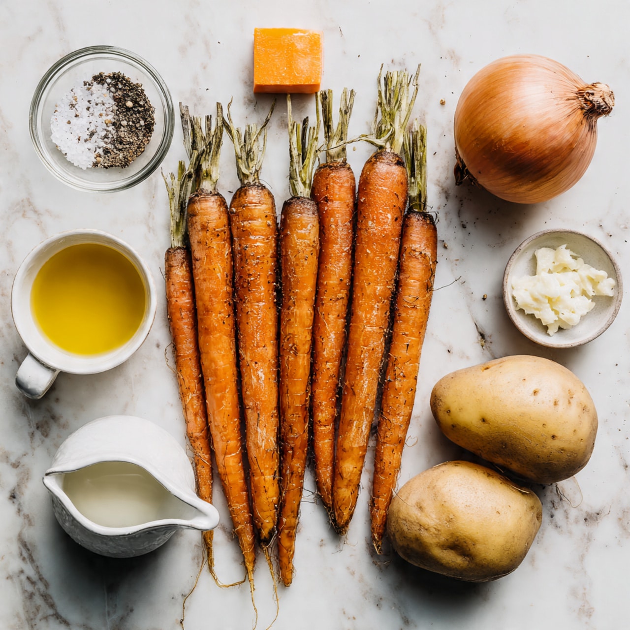 The image shows seven fresh carrots with dirt still on them, placed near a small white bowl with salt and pepper, a glass bowl filled with golden olive oil, an orange cube of bouillon, a whole round brown onion, a round light brown potato, and a small white pitcher filled with cream, all arranged neatly on a white marbled surface photo taken with an iphone --ar 4:5 --v 7