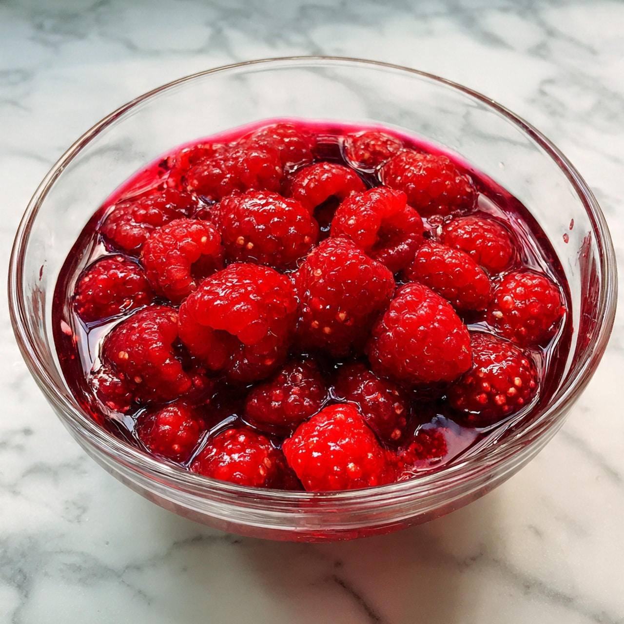 A clear glass bowl filled with many small red raspberries soaked in red juice, with some seeds and pulp visible among the berries. The bowl is on a white marbled surface, and the raspberries fill the bowl almost to the top, showing a shiny, wet texture. In the corner, there is part of a grey cloth visible. Photo taken with an iphone --ar 4:5 --v 7
