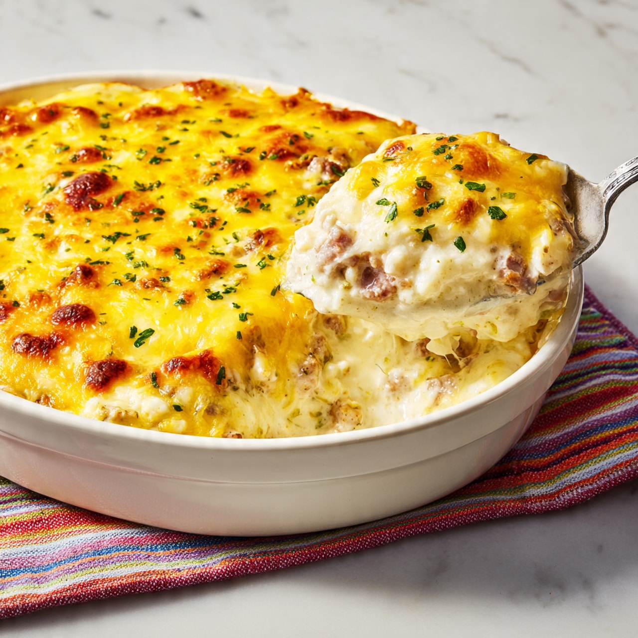 The dish shows a white casserole dish with a creamy baked casserole inside, featuring a top layer of melted golden-yellow cheese with brown spots and green herb sprinkles. The casserole has at least two visible layers: a creamy white sauce layer with bits of pinkish meat mixed throughout and a softer, pale base layer underneath. A shiny metal spoon is lifting a portion of the dish, showing the soft, thick, and creamy texture with melted cheese on top and small bits of herbs and meat visible. The casserole dish rests on a colorful striped cloth on a white marbled surface. Photo taken with an iphone --ar 4:5 --v 7