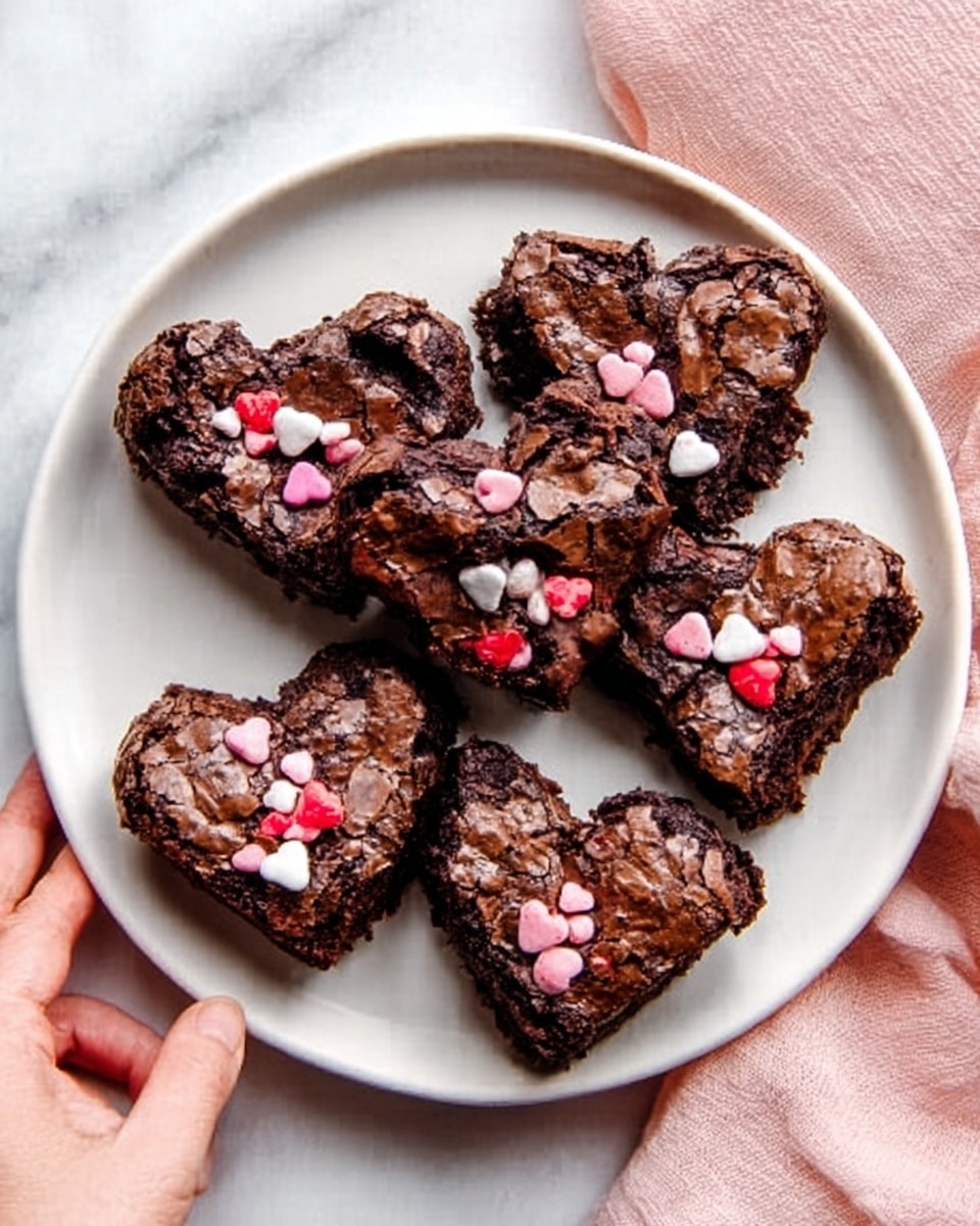 A white plate holds six heart-shaped brownies with a cracked, shiny top. The brownies are dark brown and have small red, white, and pink candy pieces on top. The plate sits on a white marbled surface, and a soft pink cloth is placed to the right. A woman's hand is gently touching one of the brownies. photo taken with an iphone --ar 4:5 --v 7