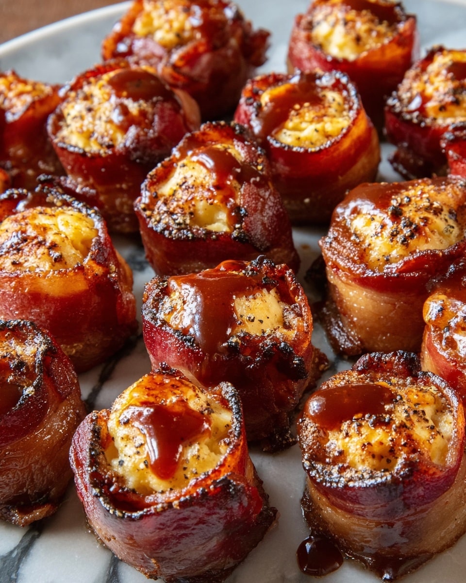 A close-up view of many small, round, two-layered bites wrapped in crispy, browned bacon placed closely together on a white marbled surface, each bite having a light yellow and slightly rough-textured filling on top of a dark, firm base, all drizzled unevenly with a shiny, dark red sauce that adds a glossy finish and small flakes of black pepper sprinkled over them photo taken with an iphone --ar 4:5 --v 7