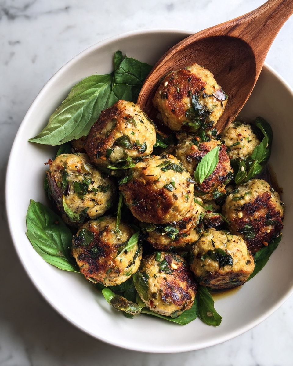 A white bowl filled with bright green basil leaves forms the base layer. On top, there are about ten golden brown meatballs, each with a slightly crispy texture and uneven shapes, showing some herbs and spices inside. A wooden spoon rests in the bowl, leaning against the meatballs. The entire bowl is on a white marbled surface. photo taken with an iphone --ar 4:5 --v 7