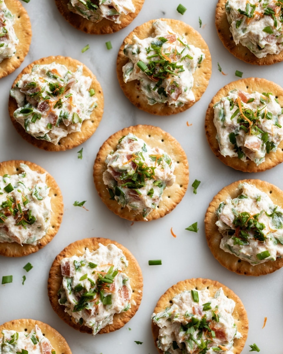 Round crackers are topped with a creamy mixture that has small tomato pieces and green herbs. Each cracker is spread evenly with this light-colored, textured topping, sprinkled with more chopped green herbs and a few thin, orange bits. The crackers are arranged neatly on a white marbled surface, filling the image in rows. The scene is bright and clear, showing the details of the crunchy crackers and the fresh toppings. Photo taken with an iphone --ar 4:5 --v 7