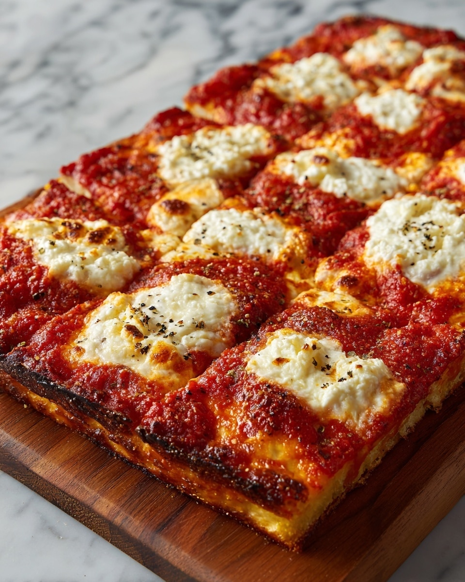 The image shows a rectangular pizza on a wooden board, with a golden brown crust that looks crispy and slightly uneven. The pizza is covered in large patches of melted white cheese that are bubbly and soft in texture, spread unevenly across the bright red tomato sauce layer underneath. There are small black specks of seasoning scattered on top, adding texture and color contrast. The background is a white marbled surface. photo taken with an iphone --ar 4:5 --v 7