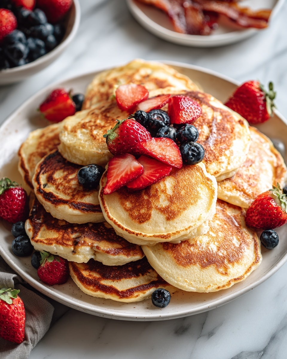 A large white plate filled with many small golden pancakes stacked unevenly, topped with pieces of bright red strawberries and scattered dark blue blueberries. The pancakes have a soft and fluffy texture with light brown edges. Around the plate, there are hints of a white marbled surface with parts of bacon and a bowl of more berries slightly visible in the background. photo taken with an iphone --ar 4:5 --v 7