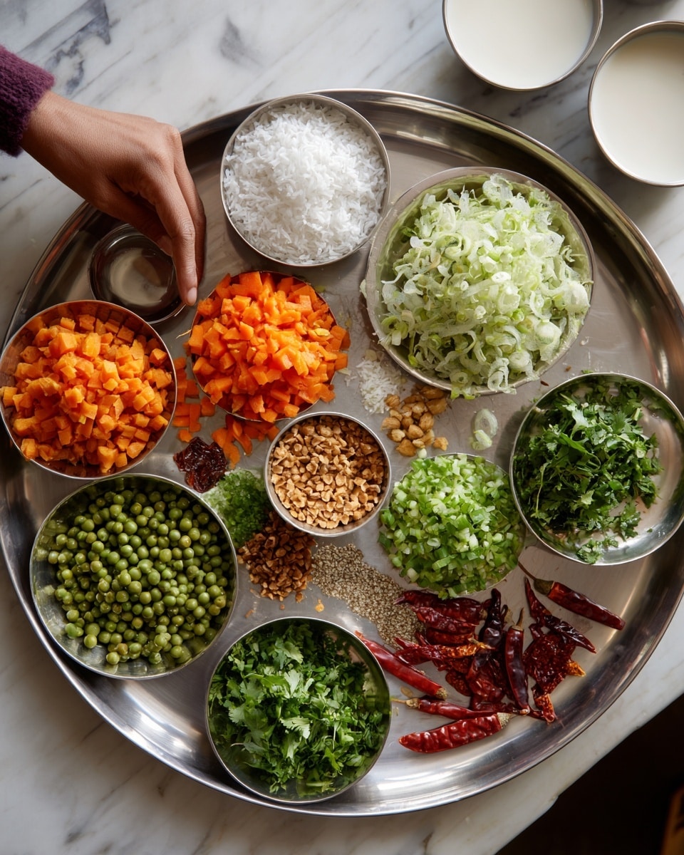 A large round stainless steel tray holds various small bowls and piles of chopped ingredients arranged neatly. Starting from the top right, there are small white bowls with coconut milk and white semolina. On the tray, there are bright orange diced carrots, vibrant green chopped green beans, fresh green peas, and finely chopped white cabbage. In the center, there's a small bowl filled with light brown chopped nuts or fried onions, and a tiny heap of dark brown mustard seeds beside it. Around the edge, there are small piles of finely chopped green chilies, minced ginger, fresh green coriander leaves, and two red dried chilies. The tray rests on a white marbled surface with a woman's hand reaching toward it. Photo taken with an iphone --ar 4:5 --v 7