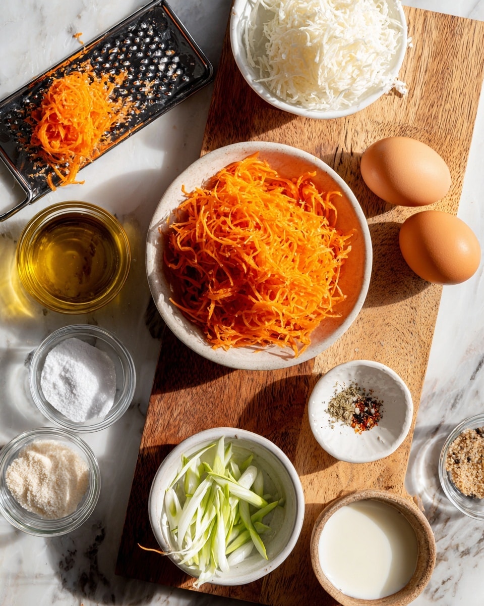 A wooden cutting board placed on a white marbled surface holds several small white bowls with ingredients. The largest bowl in the center contains bright orange shredded carrot layers, with fine, thin textures piled loosely. Above it, a smaller white bowl has a layer of white grated or shredded ingredient with a soft, moist texture. To the left on the board is an orange peeled carrot, and next to it is a silver grater with some orange carrot bits stuck on it. Below the main bowl, another small white bowl holds light green and white sliced scallions arranged loosely with a slight curve. Surrounding the board on the marbled surface are small clear glass bowls filled with white powder, coarse salt, black pepper, and olive oil. A brown egg and a bowl of white creamy substance are placed near the top right corner. The image feels clean and fresh with a natural look, photo taken with an iphone --ar 4:5 --v 7