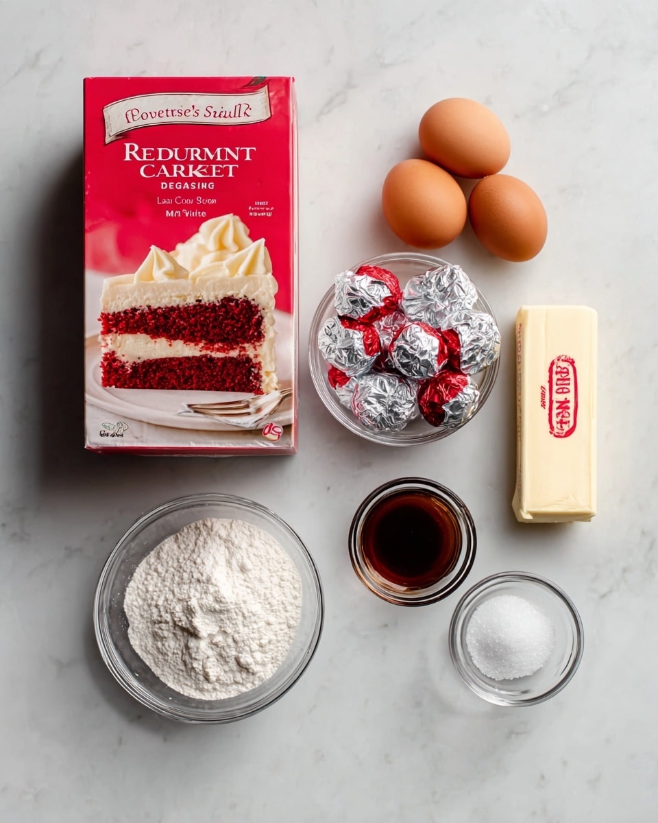 The image shows ingredients arranged neatly on a white marbled surface. There is a box of red velvet cake mix on the left side, showing an image of a red velvet cake slice with white frosting. To the right of the box, there is a small clear bowl filled with wrapped silver and red candies. Next to the bowl are two brown eggs placed side by side. On the far right is a stick of butter still in its wrapper. Below the eggs and candies are two small glass bowls, one containing a dark liquid, likely vanilla extract, and the other filled with white sugar. The overall layout is clean and orderly, with soft, natural lighting. Photo taken with an iphone --ar 4:5 --v 7