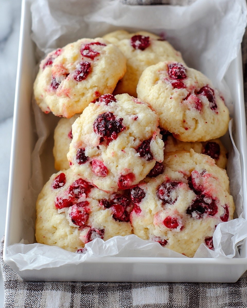 A close-up of pale yellow cookies with rough texture, mixed with bright red and dark red berry pieces, stacked in a white rectangular tray lined with white crinkled parchment paper. The cookies have a soft, slightly uneven surface with berry bits melting into the dough, showing juicy, glossy patches of red. The tray rests on a gray, white, and beige checkered cloth, all on a white marbled surface. Photo taken with an iphone --ar 4:5 --v 7