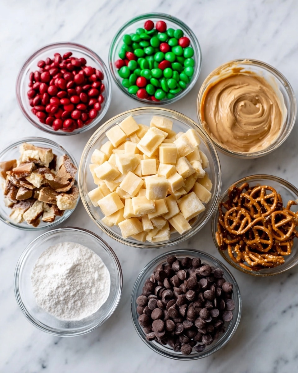 The image shows seven clear glass bowls arranged on a white marbled surface, each filled with different ingredients. In the center, a large bowl contains pale yellow cereal squares. Surrounding it, starting from the top and moving clockwise, there is a bowl of small red and green round candies, a bowl of creamy light brown peanut butter, a bowl of small dark chocolate chips, a bowl of small pretzel pieces, a bowl of white powdered sugar, and a bowl of milk chocolate round candies. The bowls create a balanced, colorful, and textured arrangement. Photo taken with an iphone --ar 4:5 --v 7