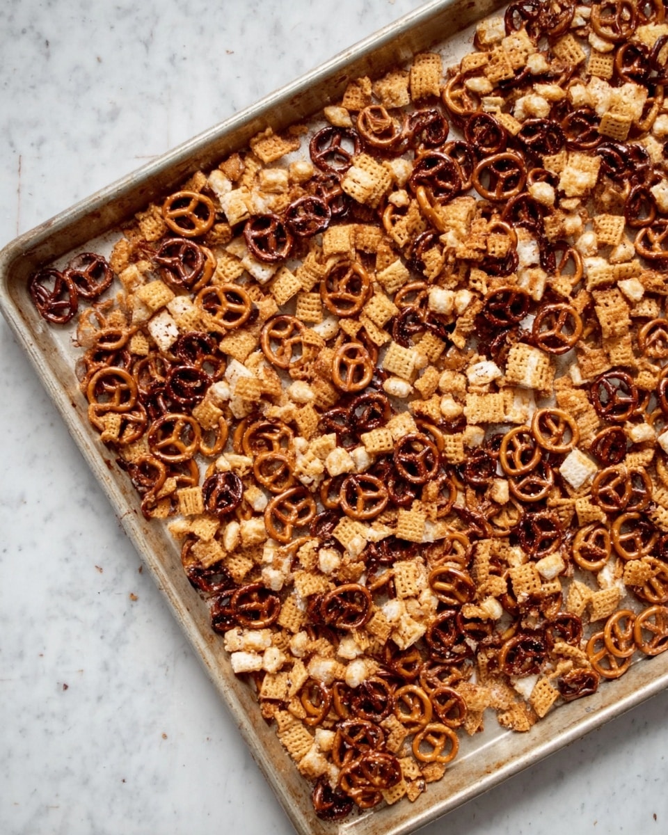 The image shows a large baking tray filled with many pieces of crispy snacks. The snacks are layered in a single thick spread, with small round pretzel pieces that are dark brown, mixed evenly with light tan, crunchy, irregular puffed pieces. The surface under the tray is a white marbled texture. The snacks look toasted and have a rough crunchy texture overall. Photo taken with an iphone --ar 4:5 --v 7
