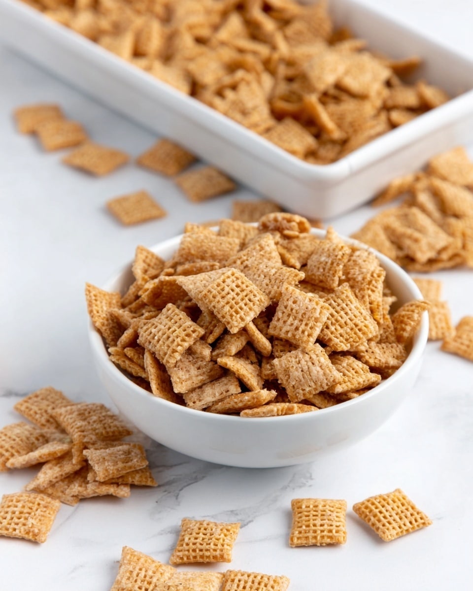 The image shows a white bowl filled with light brown, textured cereal squares that have a woven pattern, placed on a white marbled surface. Behind the bowl, there is a white tray also filled with the same cereal squares, slightly spilling over the sides onto the surface. Some pieces of cereal are scattered around the bowl and tray, adding a casual, natural look. The cereal pieces have a slightly rough and crunchy texture, displayed clearly in the light. The overall color palette is warm with the cereal's golden brown tones, contrasting with the clean white of the bowl and background. Photo taken with an iphone --ar 4:5 --v 7