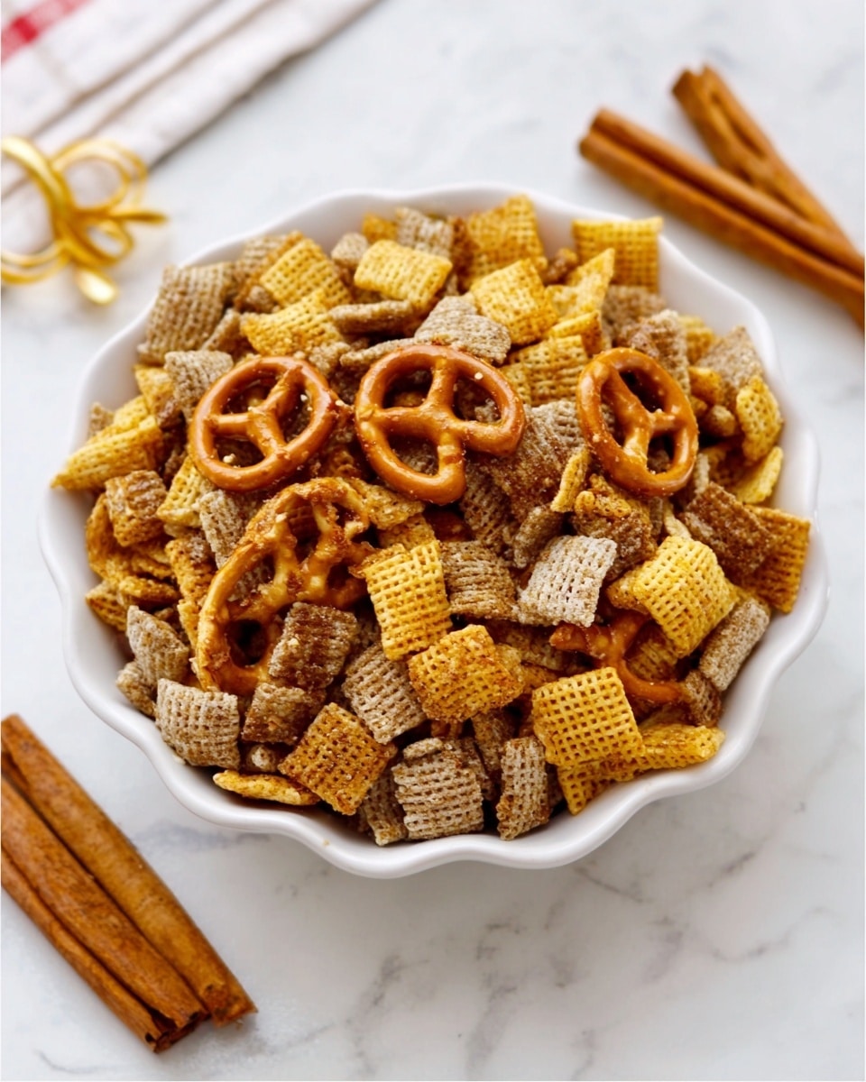 The image shows a white scalloped bowl filled with a crunchy snack mix. The snack mix has small square cereal pieces in light brown and yellow shades, mixed with pretzels that are golden brown and slightly shiny. The texture looks crunchy and the pieces are closely packed in the bowl. The bowl is placed on a white marbled surface, with a few cinnamon sticks beside it. photo taken with an iphone --ar 4:5 --v 7