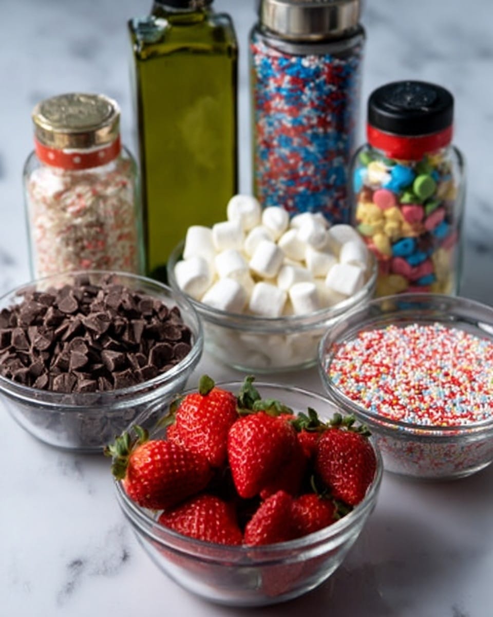 The image shows three clear glass bowls on a white marbled surface, each filled with different ingredients arranged in a row. The left bowl is filled with dark brown chocolate chunks, the middle bowl holds small white marshmallows, and the right bowl contains fresh red strawberries with green tops. Behind the bowls, there are bottles and containers, including a green bottle of oil and several small jars filled with colorful sprinkles and baking decorations. The overall scene looks ready for making a sweet treat, with all items neatly placed. Photo taken with an iphone --ar 4:5 --v 7