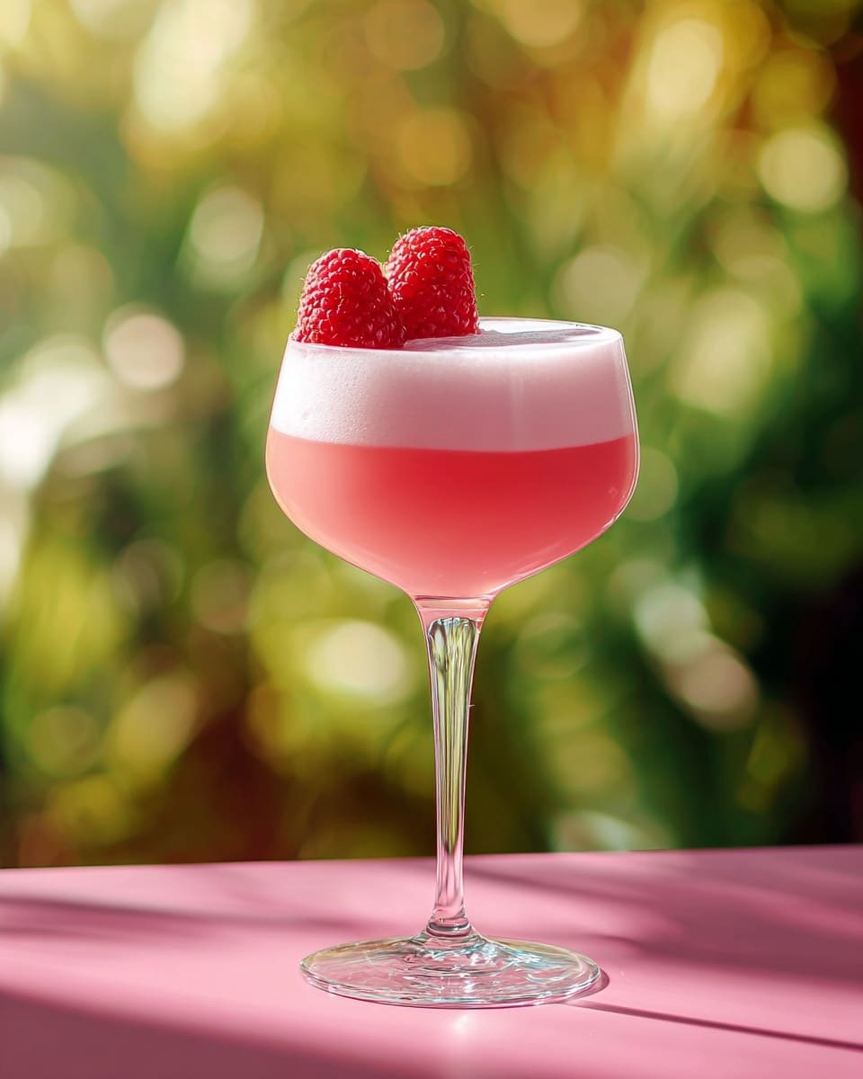 A tall glass with a long stem holds a two-layer drink; the bottom layer is a clear, bright pink liquid filling most of the glass, topped with a thick, frothy light pink foam layer. On the rim of the glass, there are three fresh red raspberries stacked together. The glass is placed on a pink surface with soft light and shade, and the background shows a blurred green and yellow bokeh effect suggesting outdoor sunlight. photo taken with an iphone --ar 4:5 --v 7