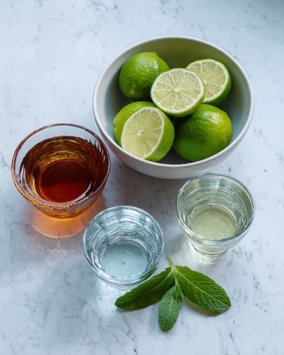 The image shows a white bowl filled with green lime slices placed on a white marbled surface. Next to the bowl, there are two small clear glasses: one with transparent water and the other with a clear liquid that looks like lime juice. Beside the glasses is a short clear glass filled with dark amber tea. Two green mint leaves lie next to the objects on the white marbled surface. The photo taken with an iphone --ar 4:5 --v 7