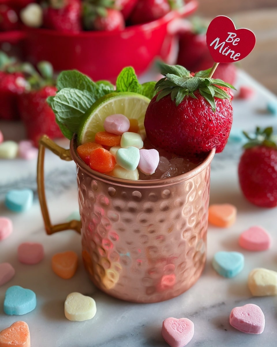 A shiny hammered copper cup filled with a drink topped with a large red strawberry with green leaves, pastel-colored heart-shaped candies, small orange candy pieces, and a round slice of lime on the rim. The strawberry has a small red heart-shaped pick with