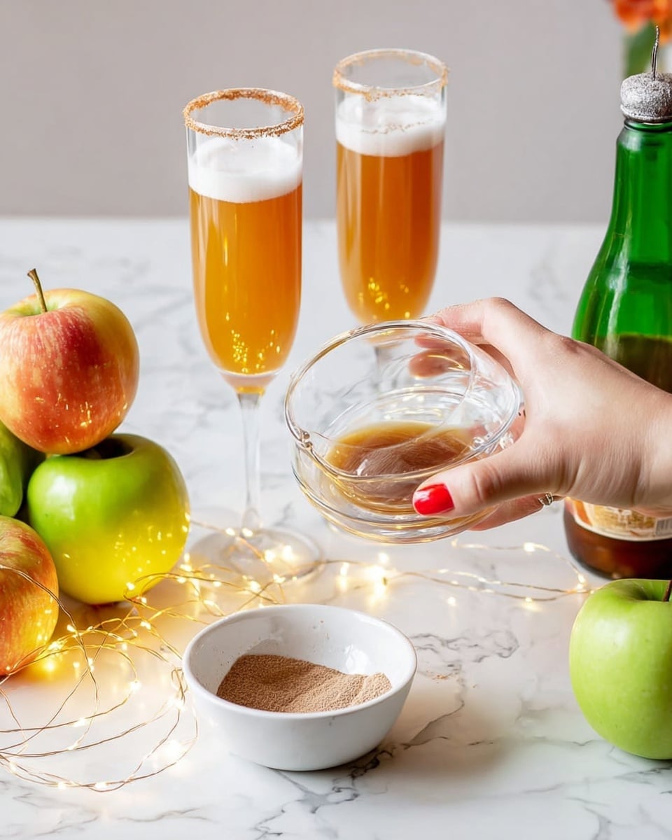 A clear glass is being dipped upside down into a white bowl filled with a brown powder. Behind the glass, there are two tall clear glasses filled with an orange drink topped with a white foam and rimmed with the same brown powder. To the left are three green apples and one red-yellow apple stacked together with a string of small yellow fairy lights around them. There's a green bottle and a bottle of apple cider to the right on a white marbled surface. A woman's hand with red nail polish is seen holding the glass. Photo taken with an iphone --ar 4:5 --v 7