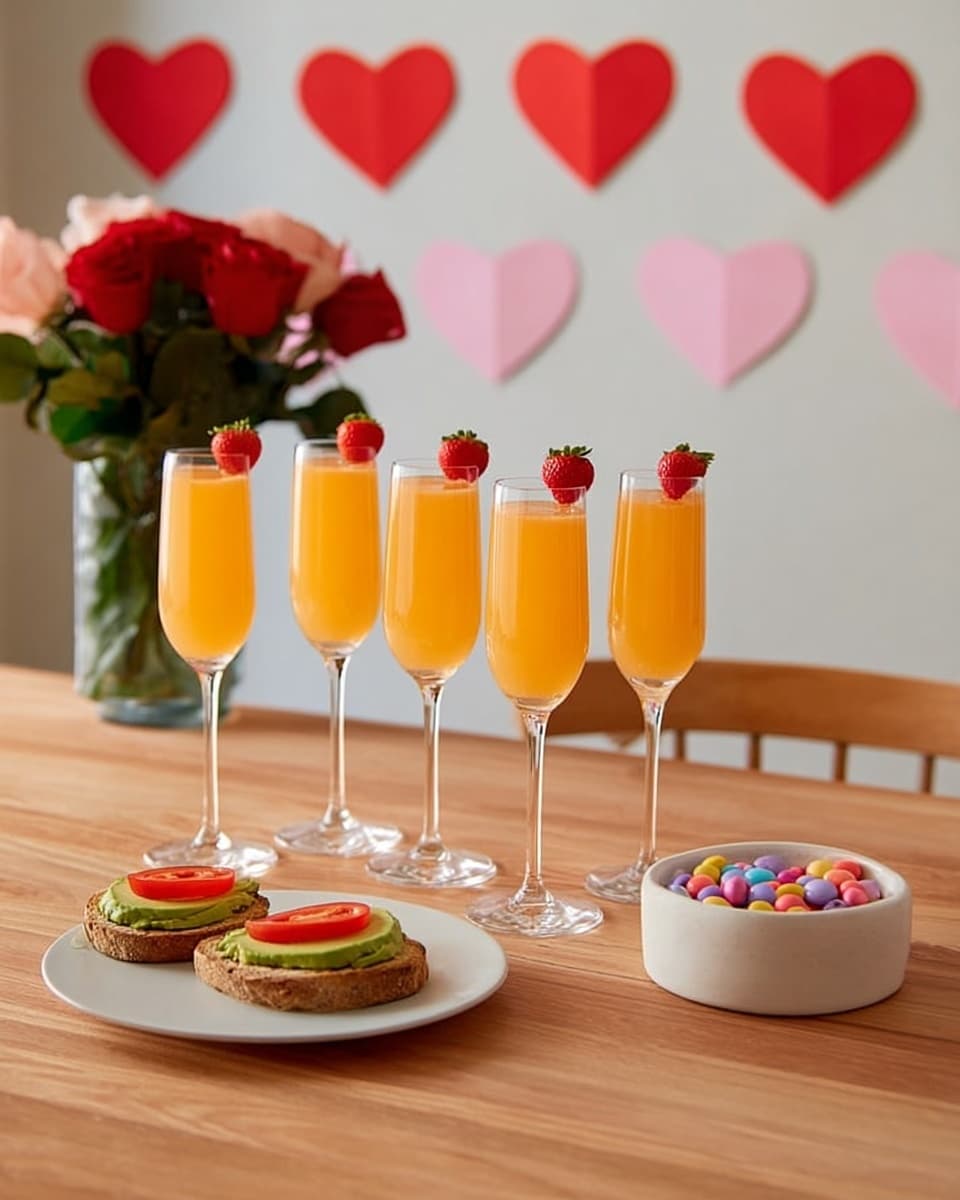 The image shows five clear champagne glasses lined up on a smooth wooden table, each filled with a bright orange drink topped with a red strawberry placed on the rim. To the left, there is a white plate holding two slices of bread spread with green avocado and topped with a slice of tomato. On the right side of the table, a white bowl contains colorful small round candies. Behind the table, on the left, a vase with red and pink roses stands against a light wall decorated with alternating red and pink heart shapes, and on the right, part of a simple wooden chair is visible. The surface under the items is a white marbled texture. The scene feels warm and festive. photo taken with an iphone --ar 4:5 --v 7