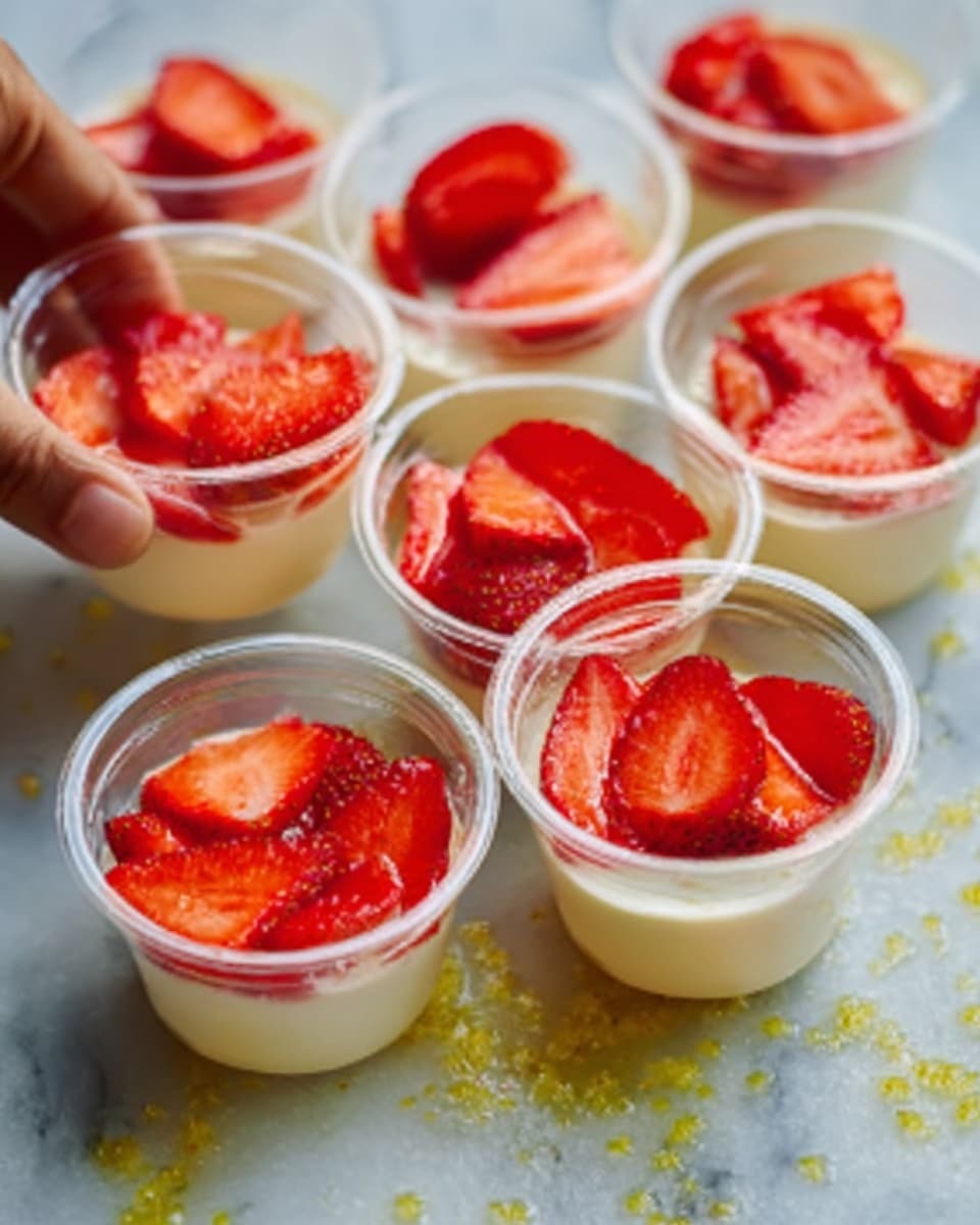 The image shows several small clear plastic cups filled with a creamy white dessert topped with bright red sliced strawberries. Each cup has about two main layers; the bottom layer is smooth and creamy white, and the top layer is decorated with fresh strawberry slices laid flat, showing their red color and seeds clearly. The cups are arranged on a white marbled surface with some yellow specks scattered around. A woman's hand is placing or holding one of the cups. photo taken with an iphone --ar 4:5 --v 7