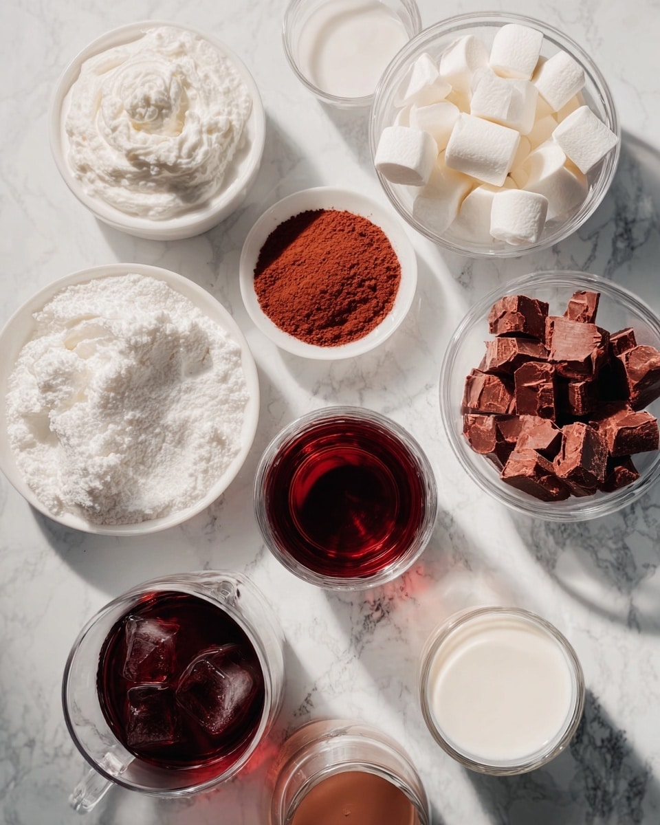 The image shows a white marbled surface with several clear glass bowls and glasses arranged in a loose grid. The top row includes a white bowl with whipped cream, a glass bowl with white cubed marshmallows, and a white bowl filled with cocoa powder. Below these are a glass filled with a dark red liquid, a glass bowl with reddish-brown chunks, and a glass of milk. There is a glass with ice cubes and another glass bowl containing more cocoa powder or chocolate drink visible at the bottom. The colors range from dark red and brown to white and cream, creating a rich setup of ingredients. Photo taken with an iphone --ar 4:5 --v 7