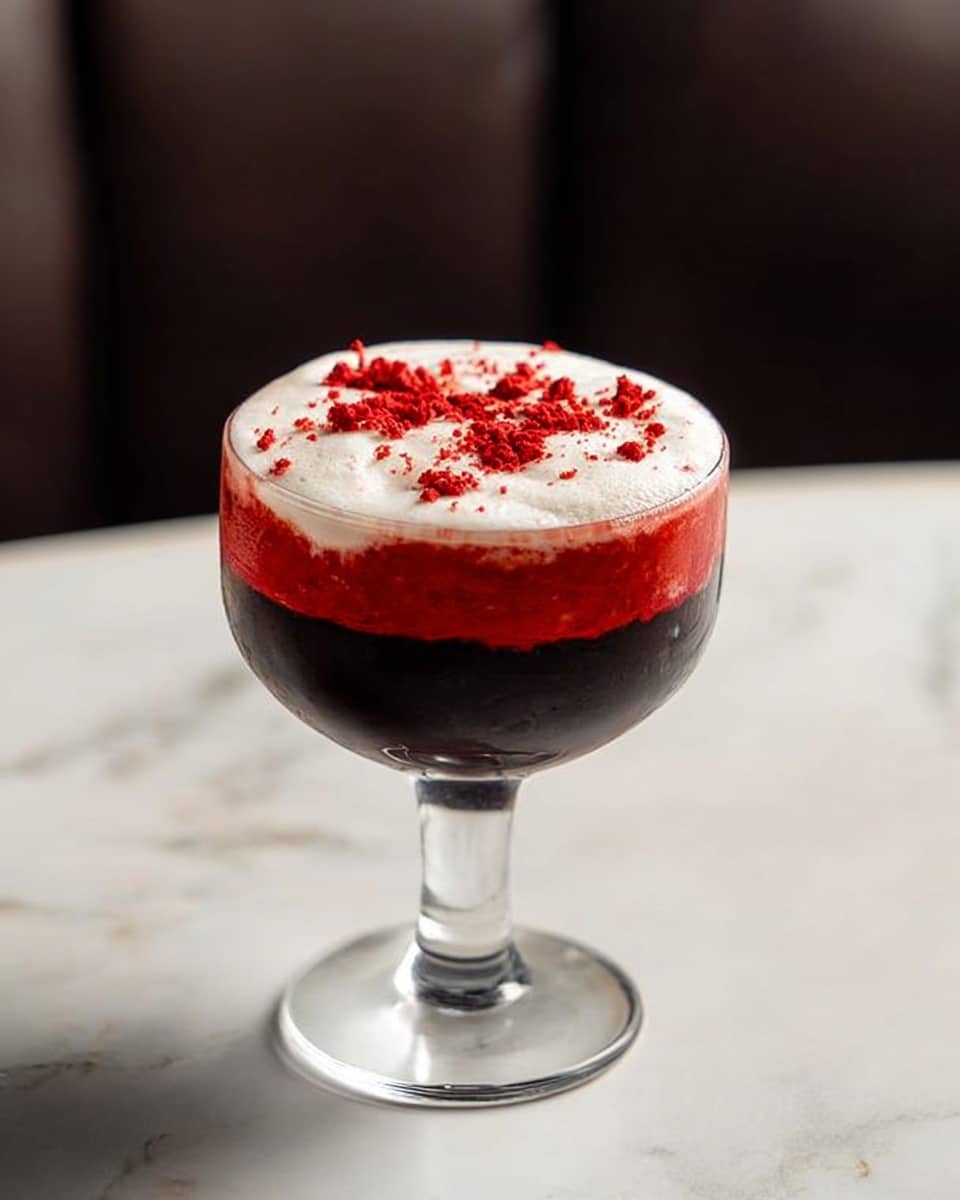 The image shows a drink in a clear glass with a short stem. The drink has three visible layers: a bottom dark black layer, a middle bright red layer with a slightly frothy texture, and a top thick white foam layer spread evenly over the red. Small red crumbs are sprinkled on top of the white foam. The glass is placed on a white marbled surface with a dark blurred background. photo taken with an iphone --ar 4:5 --v 7