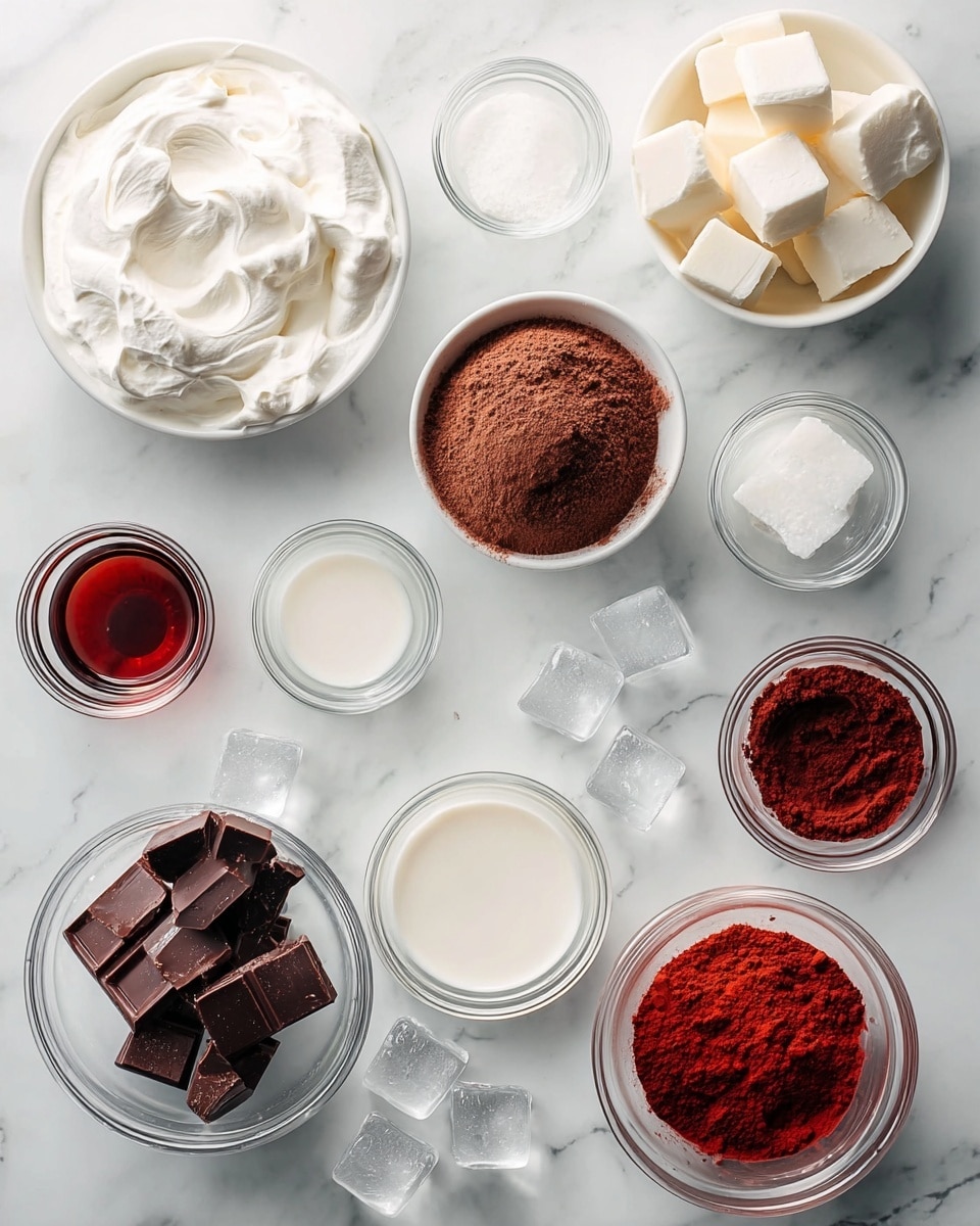 This image shows many clear and white bowls holding ingredients on a white marbled surface. At the top left, there is white whipped cream with a soft, fluffy texture in a white bowl. To the right of it, clear glass bowls contain white cream cubes and deep red chunks. A white bowl at the top right holds a heap of brown cocoa powder with a fine texture. Near the center, there are four small clear bowls filled with white liquids of different shades and small ice cubes scattered around. At the bottom, more clear bowls hold ice cubes, dark brown chocolate pieces, smooth dark chocolate sauce, and red cocoa powder with a rich color. The arrangement is neat and clean, showing all ingredients clearly. Photo taken with an iphone --ar 4:5 --v 7