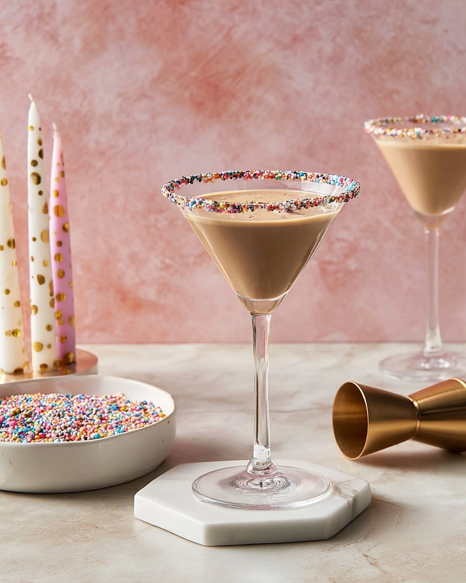 A clear martini glass filled with light brown creamy liquid is set on a white marbled surface, standing on a white hexagonal coaster. The rim of the glass is decorated with small colorful round sprinkles. To the right, a brass jigger is lying on its side, and on the left, a white bowl holds more colorful sprinkles, with two long candles, one pink and one white with gold spots, placed nearby. The background is a soft pink textured wall. photo taken with an iphone --ar 4:5 --v 7