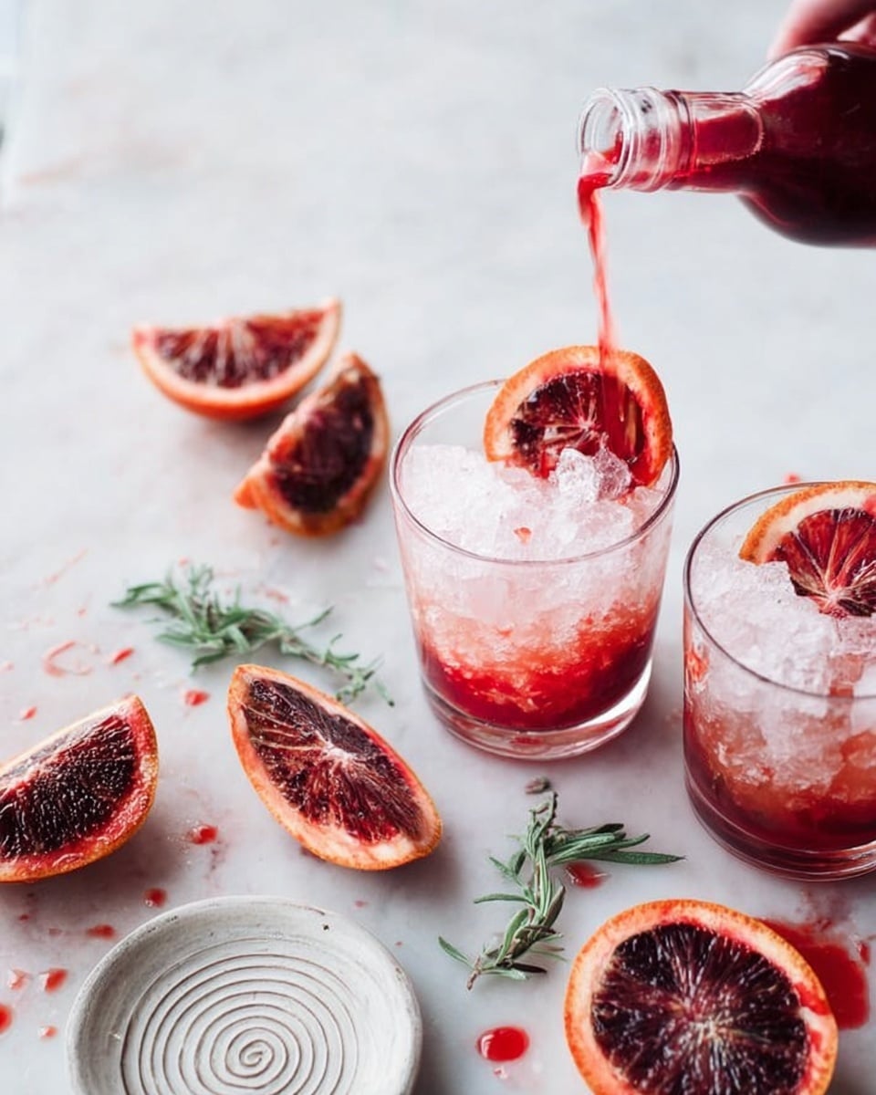 Two clear glasses filled with crushed ice and a red liquid sit on a white marbled surface. Each glass has a wedge of blood orange placed inside, showing the deep red and orange colors of the fruit. Around the glasses are several cut pieces of blood orange showing their dark red and juicy texture. One blood orange wedge is placed on a small white plate with a spiral pattern. Near the glasses, a small green sprig of herb, possibly rosemary, lies flat on the surface. A hand is pouring liquid from a red bottle, with some red drops spilled on the white marbled surface. Photo taken with an iphone --ar 4:5 --v 7
