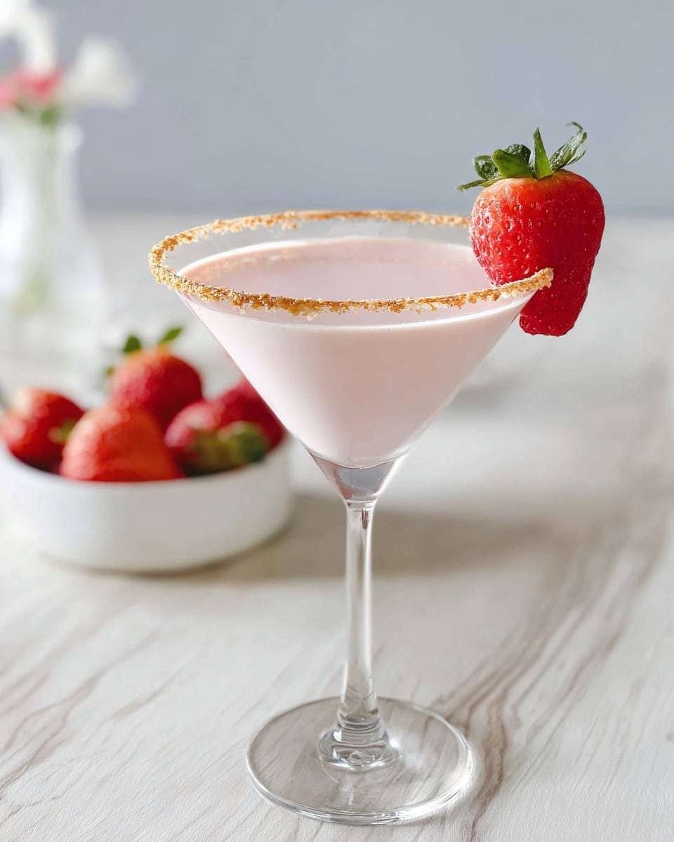 A clear, tall martini glass filled with one smooth layer of pale pink liquid sits centered on a white marbled surface. The rim of the glass is coated with a thin, crumbly light brown crust. A bright red strawberry with green leaves is placed on the rim on the right side. In the blurred background, a white dish holds three more strawberries. The whole image is bright and clean. photo taken with an iphone --ar 4:5 --v 7