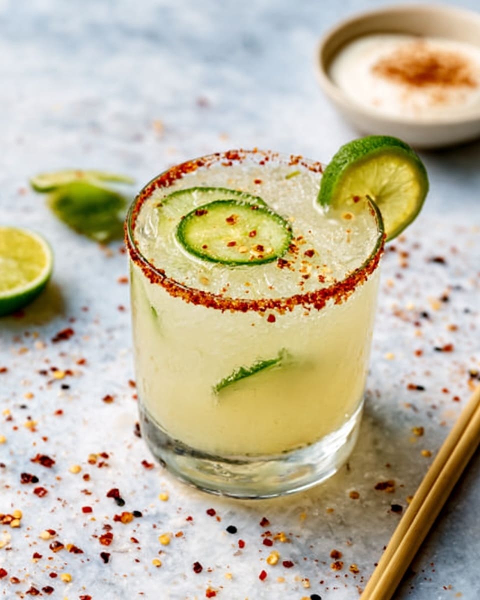 A clear glass filled with a light yellow drink, rimmed with red chili flakes and salt. The drink has three thin, round green cucumber slices floating on top with a lime wedge resting inside the glass on the right side. The glass sits on a white marbled surface sprinkled with small red and black chili flakes. In the background, on the upper right, there is a white bowl with a creamy white dip sprinkled with cinnamon or chili powder. A thin, vertical wooden chopstick lies on the lower right on the white marbled surface. photo taken with an iphone --ar 4:5 --v 7