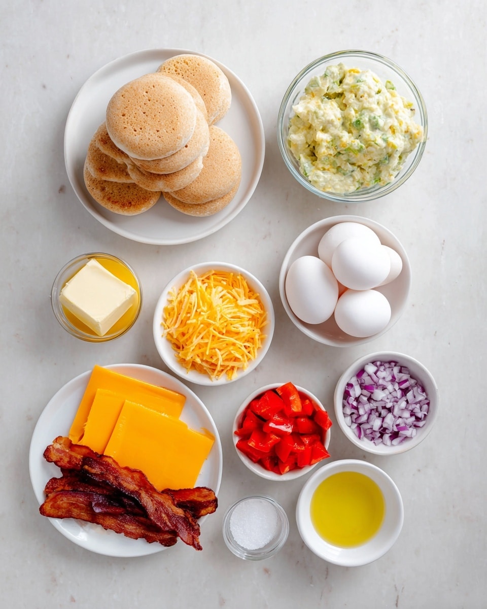 The image shows ingredients arranged neatly on a white marbled surface: at the top center, a white plate holds five light brown, round English muffins stacked in two layers with a rough texture; to the right, a clear glass bowl contains a creamy, light green mixture with some small chunks; below that, a white bowl holds four smooth, white eggs; next to the eggs, a small white bowl is filled with finely chopped red onion in purple and white; below that, another small white bowl has bright red, diced bell peppers; at the bottom left, a white plate holds four slices of bright orange cheddar cheese stacked neatly with several dark brown, crispy bacon strips laid on top; above this plate, a small white bowl has a square pat of pale yellow butter, and to the left of the plate, a small white bowl contains golden yellow oil; finally, to the far right, a small white bowl with white salt completes the layout. Photo taken with an iphone --ar 4:5 --v 7