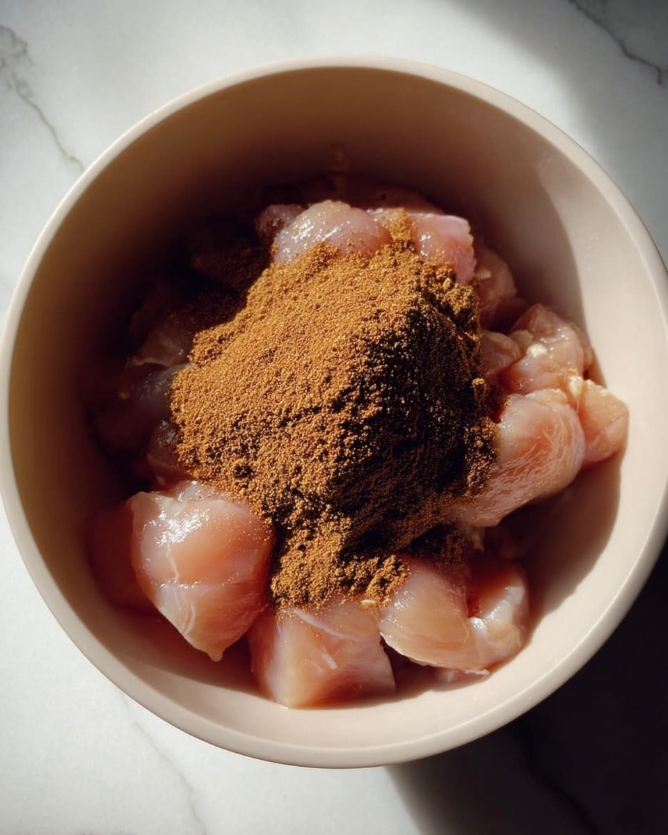 Inside a white bowl, there are several pieces of raw pale pink chicken placed at the bottom. On top of the chicken pieces is a mound of brown powdered spice. The bowl sits on a surface with a white marbled texture. The lighting shows a soft reflection on the bowl's smooth inside. photo taken with an iphone --ar 4:5 --v 7