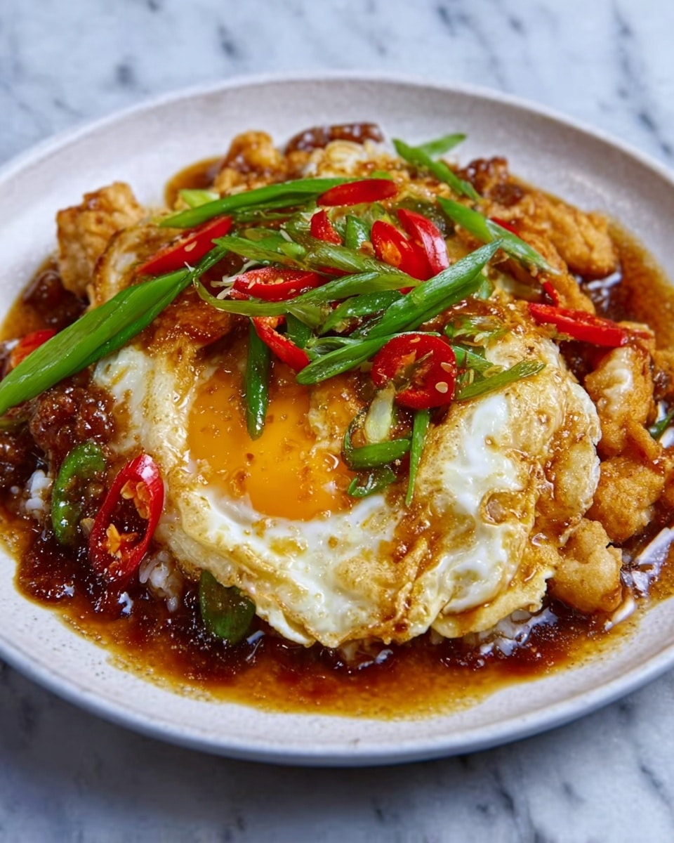 A white plate holds a dish with a base layer of cooked rice, topped by a runny textured fried egg with golden edges. Around the egg, there are pieces of golden-brown fried chicken, scattered slices of red and green chili peppers, and small pieces of green onion. The dish is covered in a rich, glossy brown sauce that adds shine and depth. The plate sits on a white marbled surface. photo taken with an iphone --ar 4:5 --v 7
