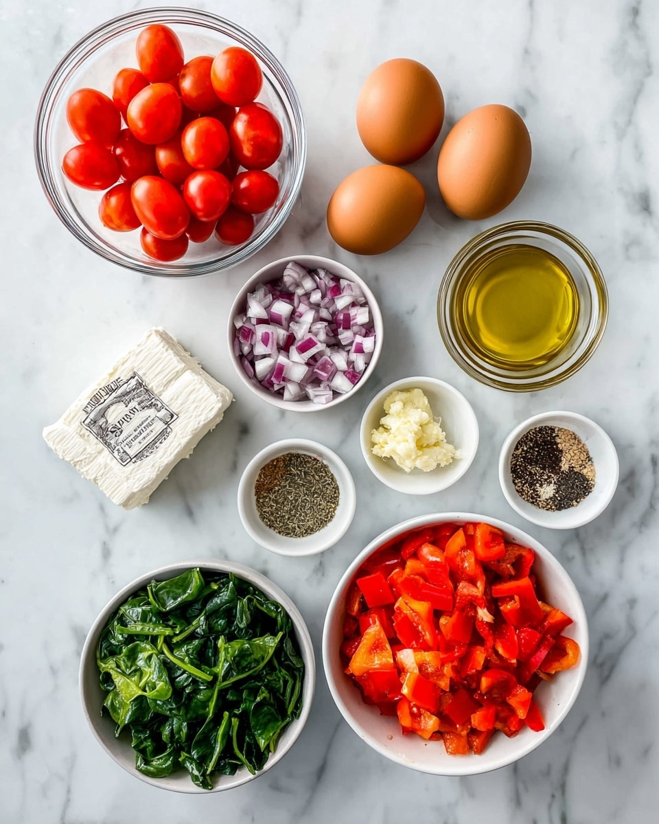 The image shows several bowls and items on a white marbled surface. In the top left, there is a clear glass bowl filled with shiny red cherry tomatoes. To the right of this bowl, four brown eggs rest directly on the surface. Below the eggs is a small clear glass bowl with golden olive oil. Next to it on the left is a bowl of chopped red onion pieces with a mix of white and purple colors. Below the onions is a large white bowl filled with finely chopped red bell peppers, bright and fresh. In the center left, there is a clear bowl containing dark green fresh spinach leaves. Just below the spinach is a small bowl filled with minced garlic, pale yellow in color. To the left of the garlic is a white bowl with mixed dried herbs and spices in different colors: green, black, red, and white. Finally, in the bottom left corner, there is a block of white feta cheese with a label on it. Photo taken with an iphone --ar 4:5 --v 7