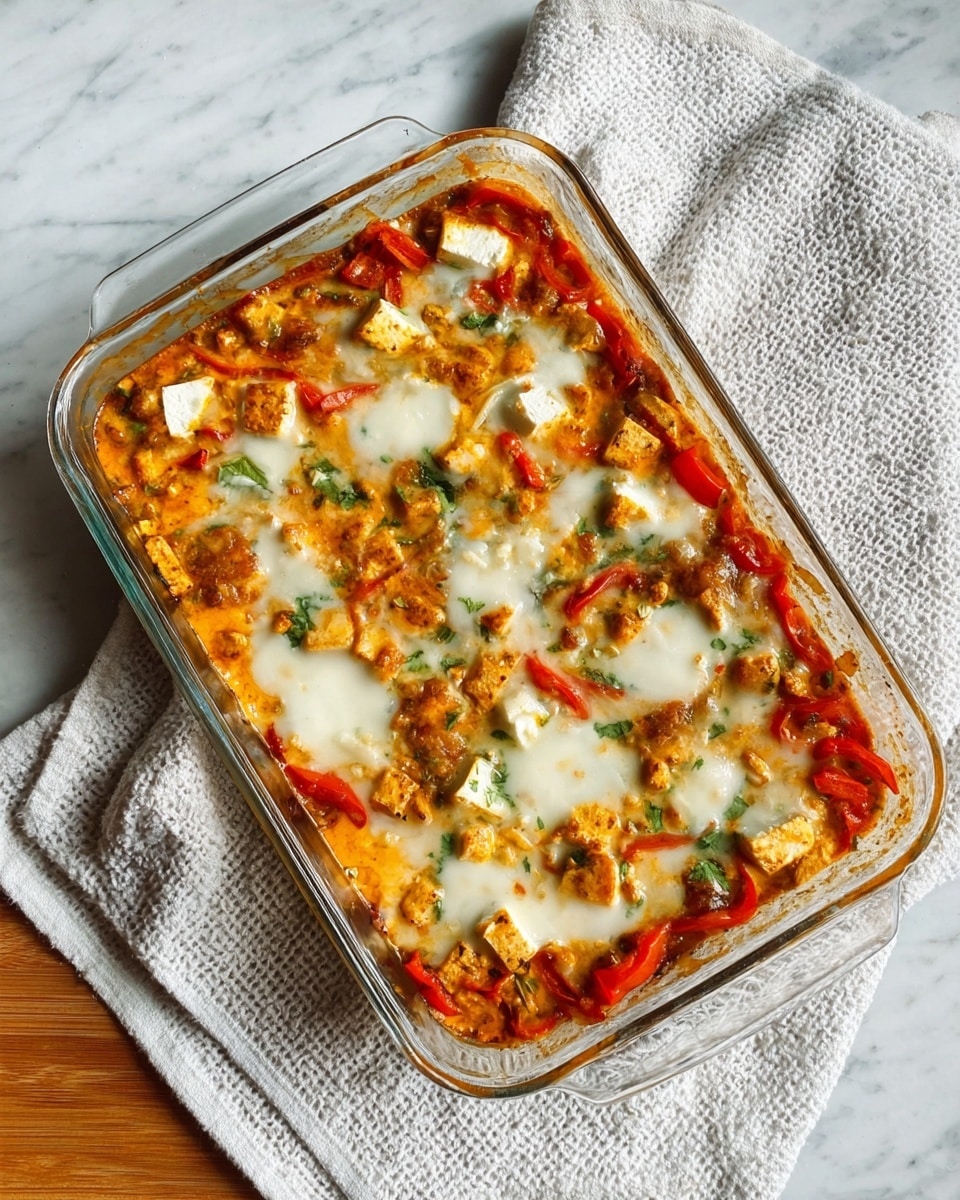 The image shows a rectangular glass baking dish filled with a cooked casserole. The bottom layer appears to be a red sauce with chunks of cooked red bell peppers spread evenly. On top of this is a layer of melted white cheese with small white cubes of tofu or paneer scattered on it. The top is slightly browned and bubbly, showing a mix of orange and white colors. The dish is placed on a white textured cloth over a white marbled surface. Photo taken with an iphone --ar 4:5 --v 7