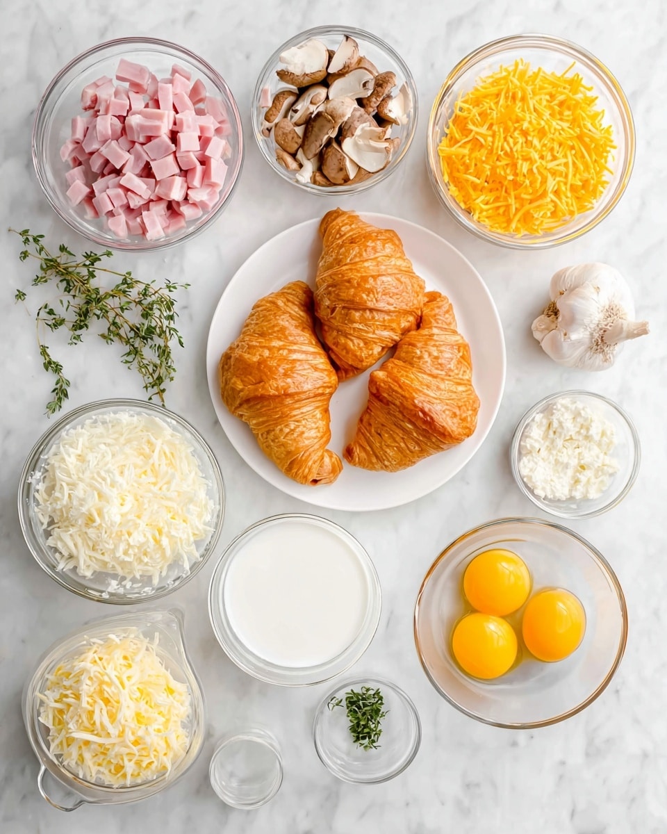 The image shows a white plate with three golden-brown croissants placed near the top center on a white marbled surface. Surrounding the plate are clear glass bowls with different ingredients: diced light pink ham in the top left, shredded orange cheddar cheese just below it, chopped white onions to the right, sliced brown mushrooms below the onions, and shredded white cheese at the bottom left. There are two clear measuring cups filled with white liquid near the center and bottom right, a small round white dish with green thyme sprigs near the left center, and a small clear bowl containing finely chopped garlic near the bottom right. A clear bowl with four cracked eggs showing yellow yolks and clear whites is near the bottom left center. The image is bright and well-organized, with all items neatly arranged on the white marbled surface. photo taken with an iphone --ar 4:5 --v 7