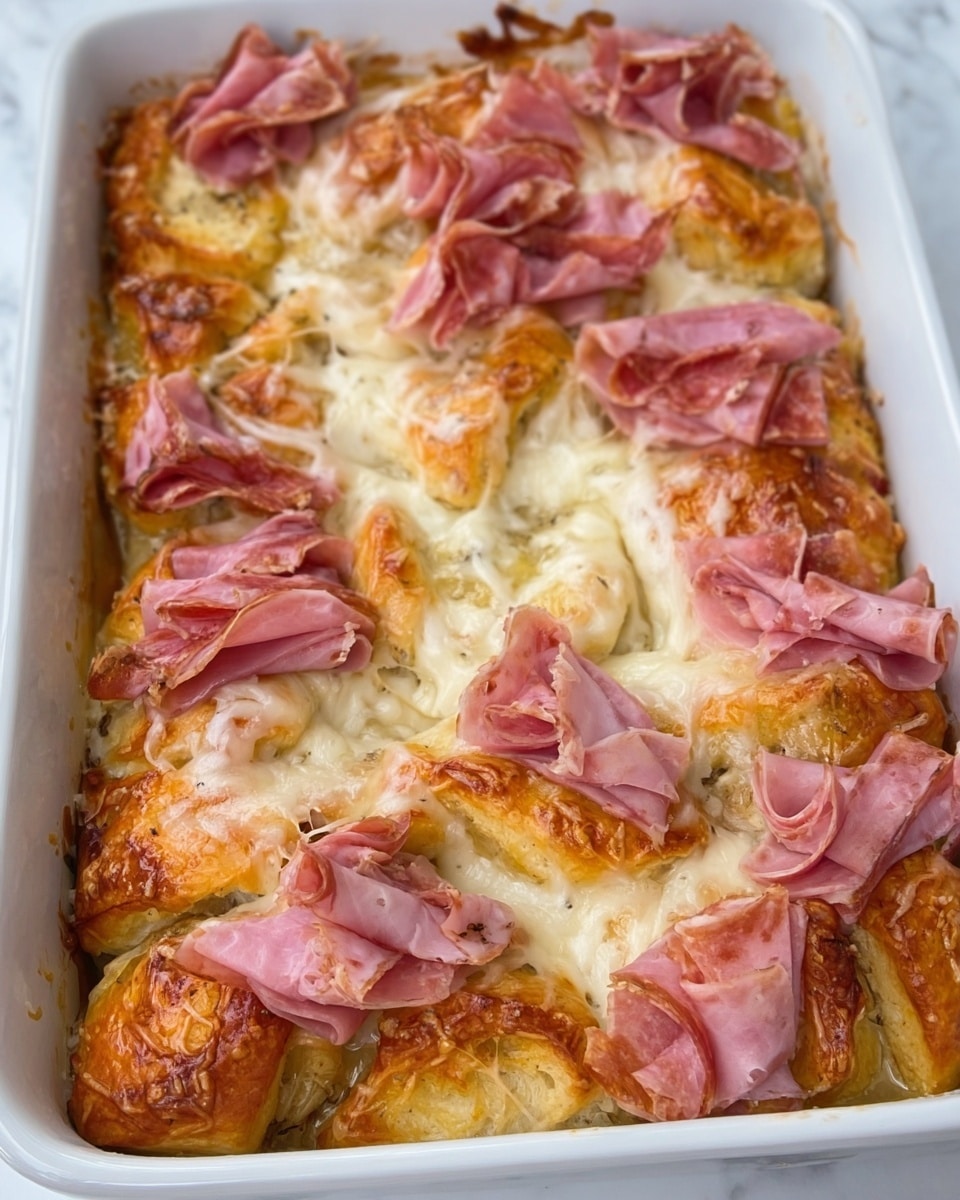 A white rectangular dish filled with layers of golden-brown baked rolls topped with melted cheese and scattered slices of folded pink deli meat. The rolls have a shiny, slightly crispy surface with a soft texture underneath. The melted cheese is creamy white, spread unevenly across the rolls, adding a rich, gooey layer. The deli meat slices are placed on top and between the rolls, giving a mix of smooth and slightly ruffled textures. The dish sits on a white marbled surface. Photo taken with an iphone --ar 4:5 --v 7