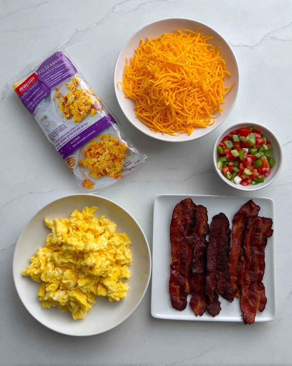 The image shows five white dishes arranged on a white marbled surface. At the top left, there is a packaged item with purple and white colors visible on the label. Next to it on the right, a round white bowl holds bright orange shredded cheddar cheese with fine texture. Below these, on the left, a round white plate contains fluffy yellow scrambled eggs with soft texture. To the right, a small round white bowl is filled with a mix of diced red, green, and white vegetables, creating a fresh and colorful look. At the bottom right, a square white plate carries several dark brown cooked bacon strips laid side by side with a crisp texture. The layout is clean and organized, and the photo was taken with an iphone --ar 4:5 --v 7