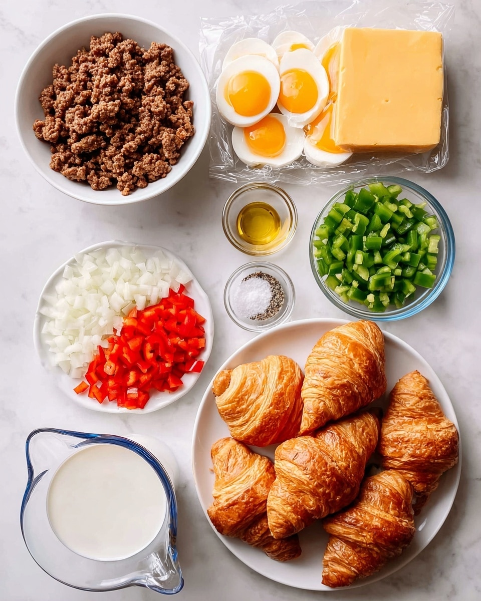 The image shows a top-down view of fresh ingredients on a white marbled surface. In the center bottom, there is a white plate with eight golden-brown croissants, showing their flaky layers and crispy texture. Above it to the left, a white bowl holds cooked browned ground meat broken into small pieces. To the right of the meat, there is a white plate divided into three sections with diced red bell peppers, green bell peppers, and white onions, all finely chopped. Above these, a clear glass measuring cup contains six raw eggs with yellow yolks visible. Next to the veggies on the right is a rectangular block of light yellow cheese wrapped in plastic. Below the cheese, a clear glass measuring cup is filled with white creamy milk or cream. To the left of the cheese and eggs, there are two small clear bowls—one with white salt and black pepper, and the other with a golden liquid, likely oil. The overall colors are warm and fresh against the white marbled background, photo taken with an iphone --ar 4:5 --v 7