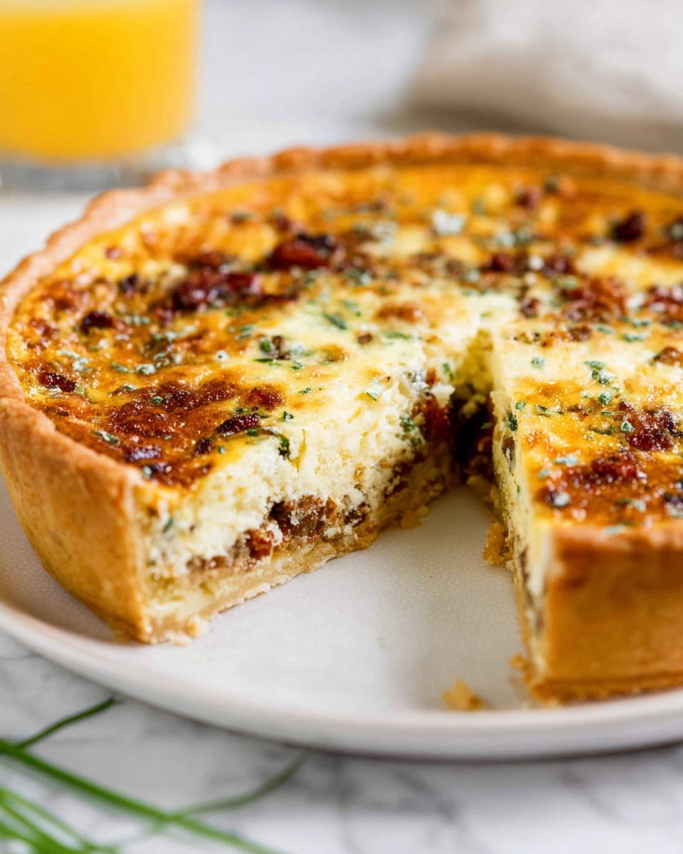 A round quiche with a golden, flaky crust sits on a white plate, resting on a white marbled surface. The quiche has two visible layers inside: a bottom crust that is light brown and crisp, and a thick top layer made of creamy, baked egg mixed with browned bits of meat, melted cheese, and green herbs scattered throughout. The top surface is slightly browned with a mix of white cheese and specks of green and brown. One wedge is cut and slightly pulled out, showing the moist texture inside. In the background, a blurred glass of orange juice and some green chives add color. Photo taken with an iphone --ar 4:5 --v 7